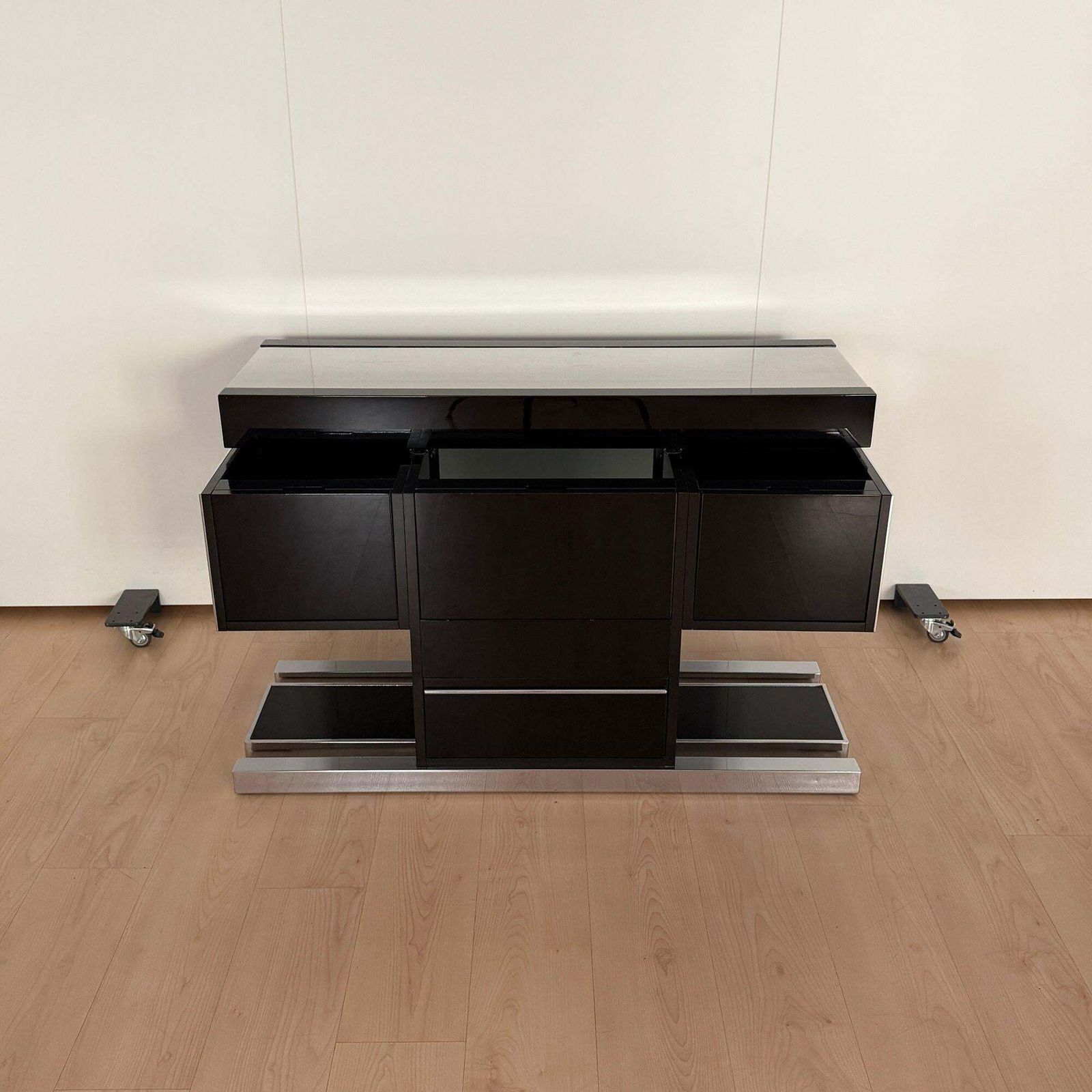 Willy Rizzo Convertible Bar, Black Lacquer, Chrome, Leather, Italy Circa 1970 photo vintage
