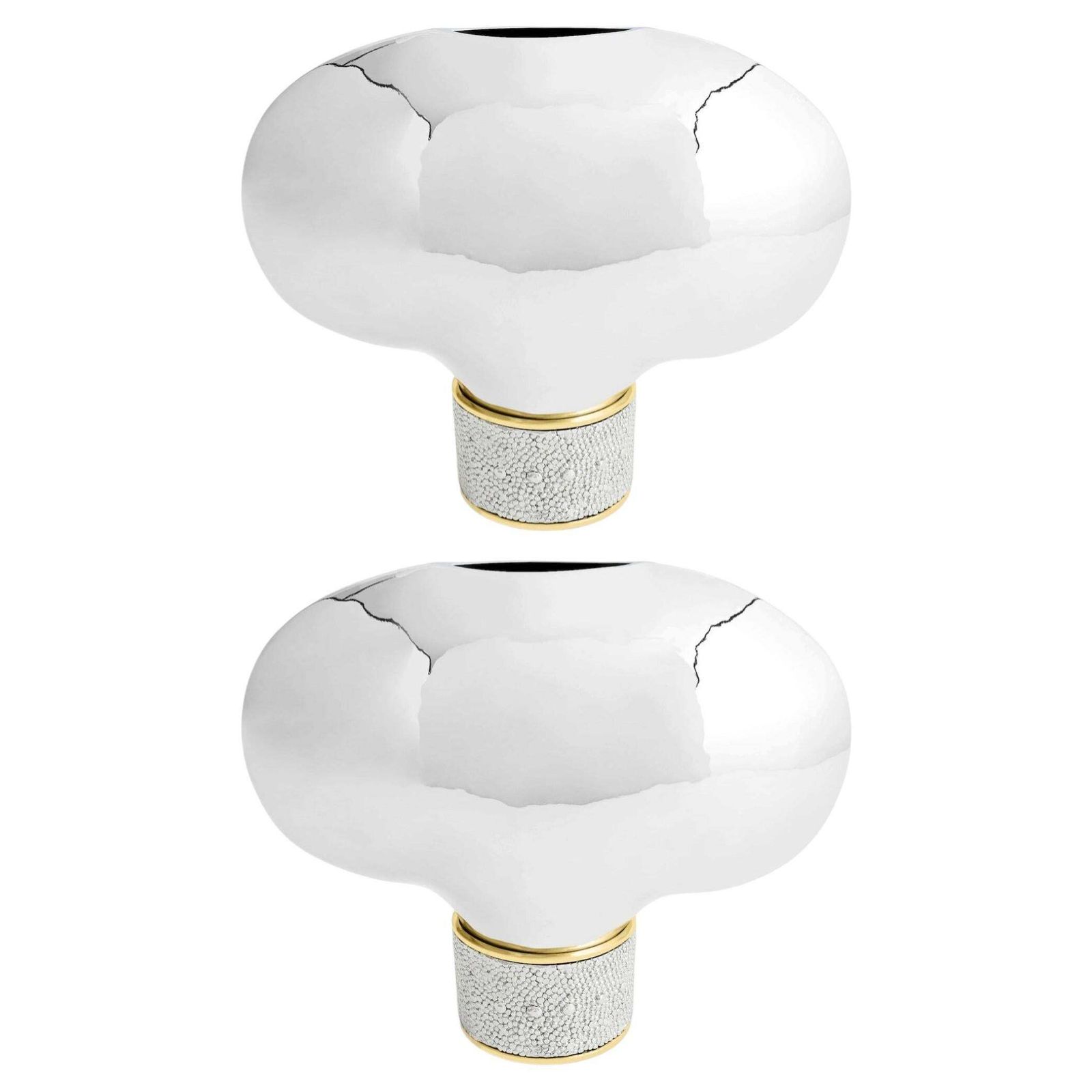 Pair Of Medium Contemporary Silver Metal Shagreened Glass Vase