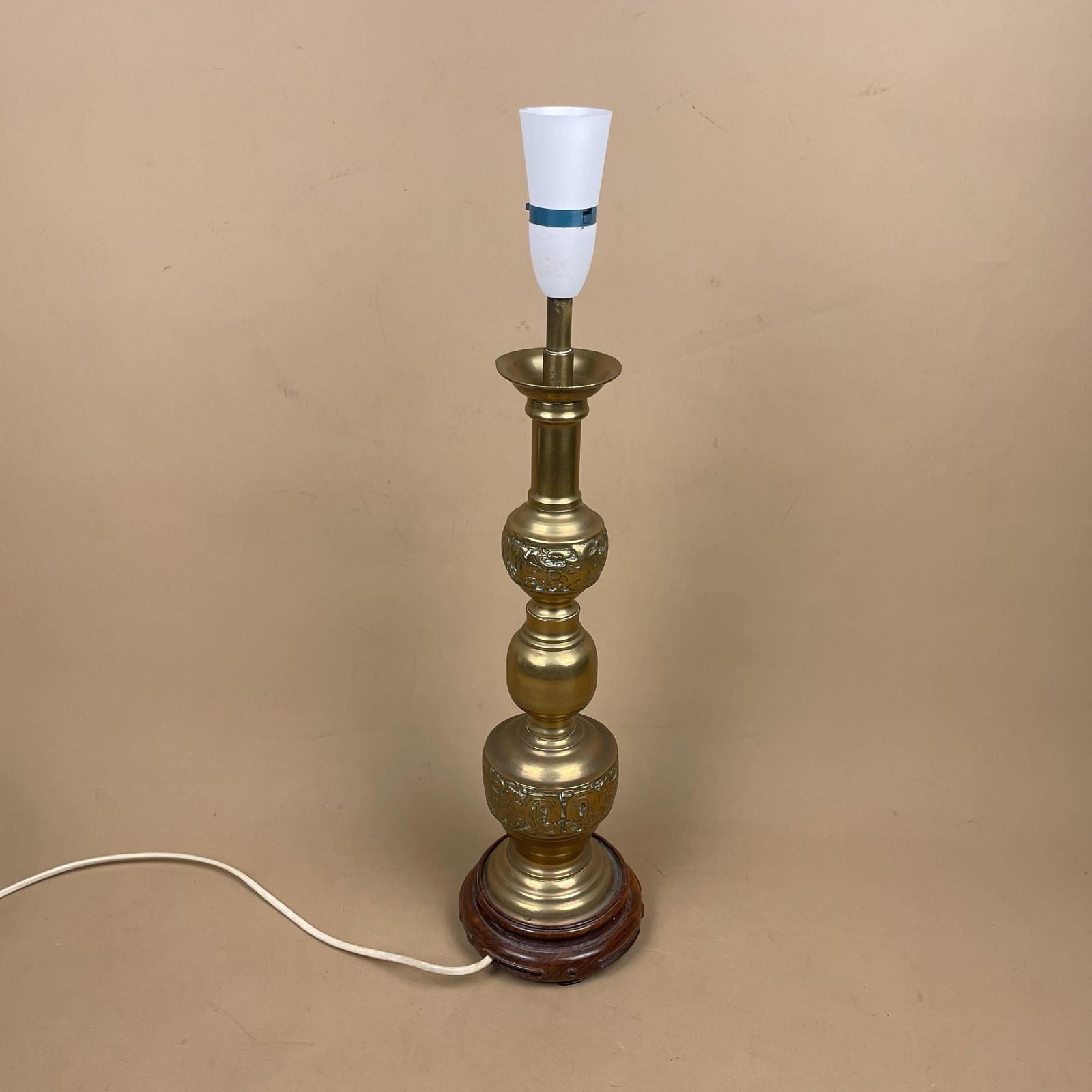 Oriental Brass Gold Lamp Chinese Light Asian Antique Large Ornate Round Wood Base Table Lamp Light Bedside Old Pattern Statement Large photo buy