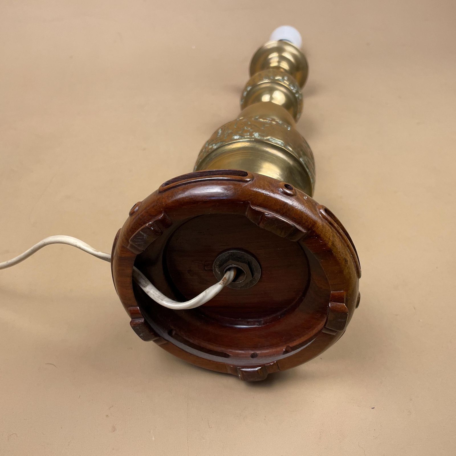 Oriental Brass Gold Lamp Chinese Light Asian Antique Large Ornate Round Wood Base Table Lamp Light Bedside Old Pattern Statement Large photo vintage