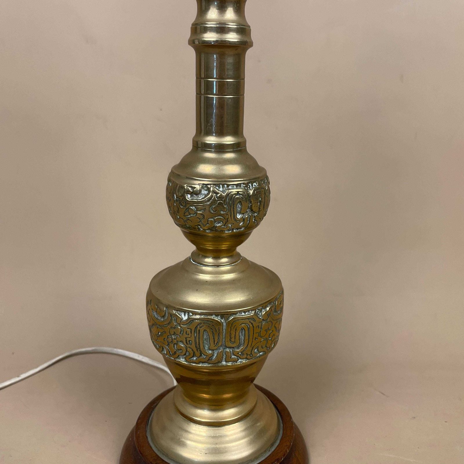 Oriental Brass Gold Lamp Chinese Light Asian Antique Large Ornate Round Wood Base Table Lamp Light Bedside Old Pattern Statement Large photo furniture