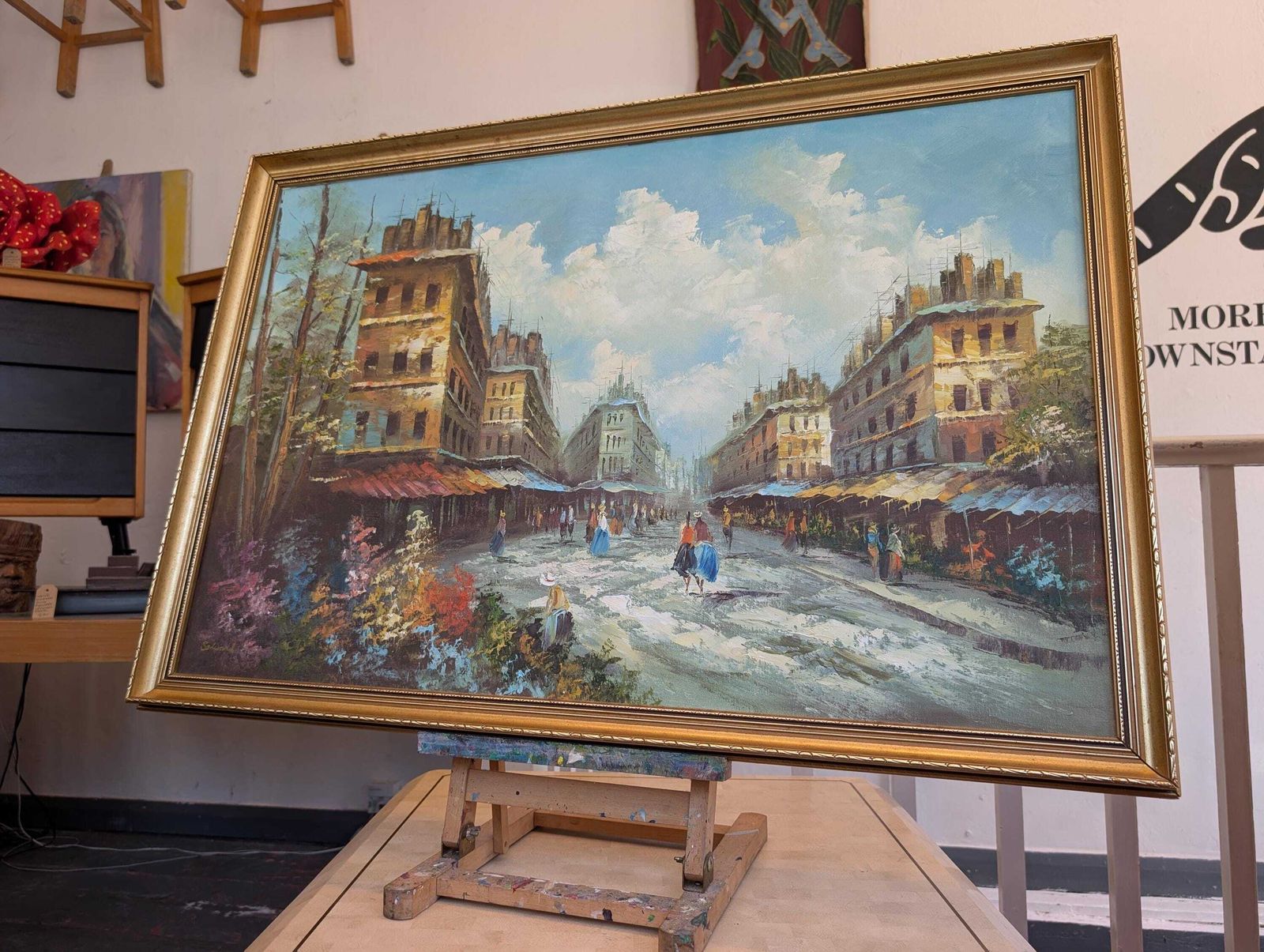 Mid 20th Century Impressionist Cityscape Signed Oil On Canvas Painting.