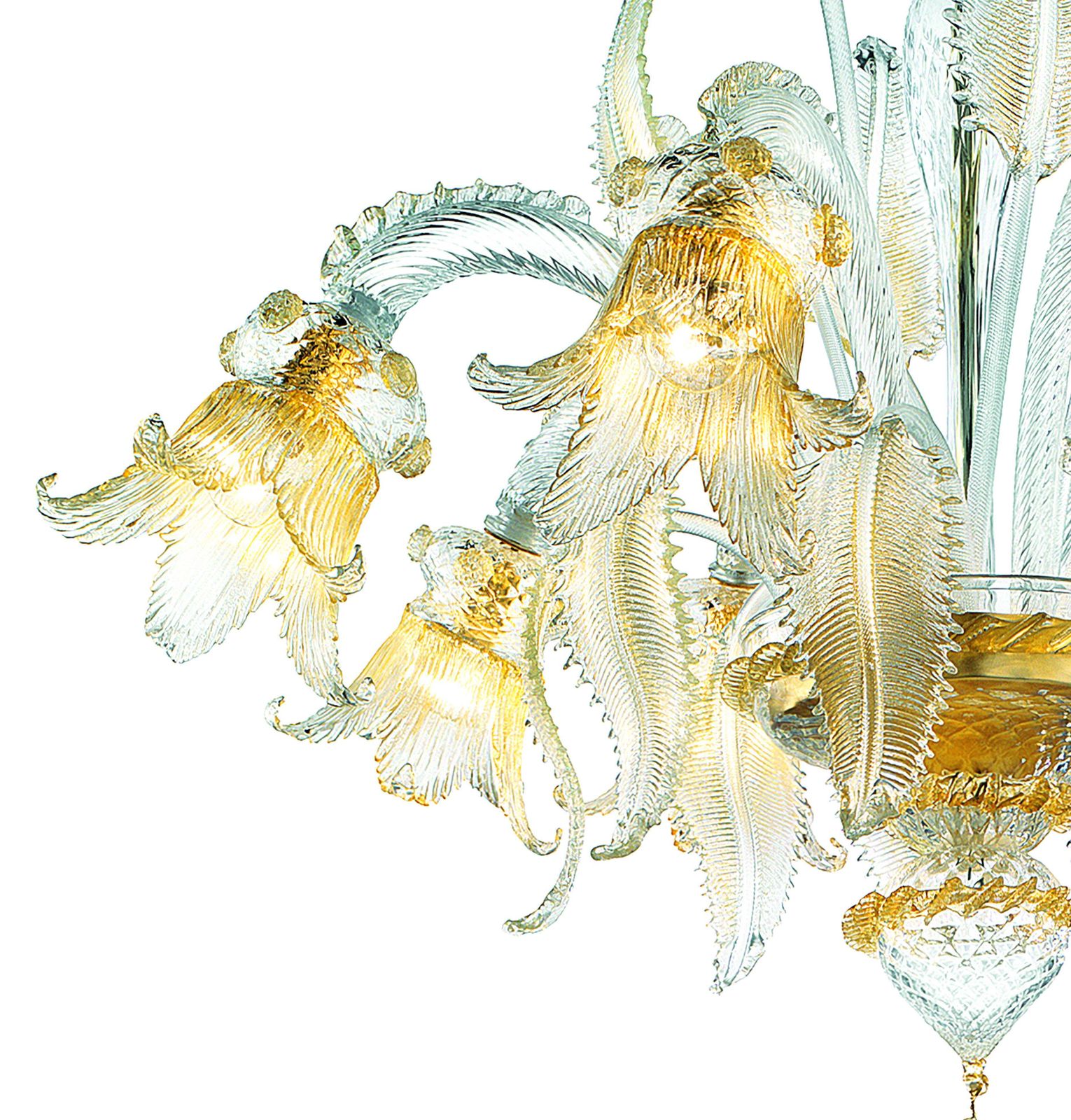 Luxury Italian Clear And Gold Leaf Chandelier With Flowers And Leaves Murano Glass photo Lighting