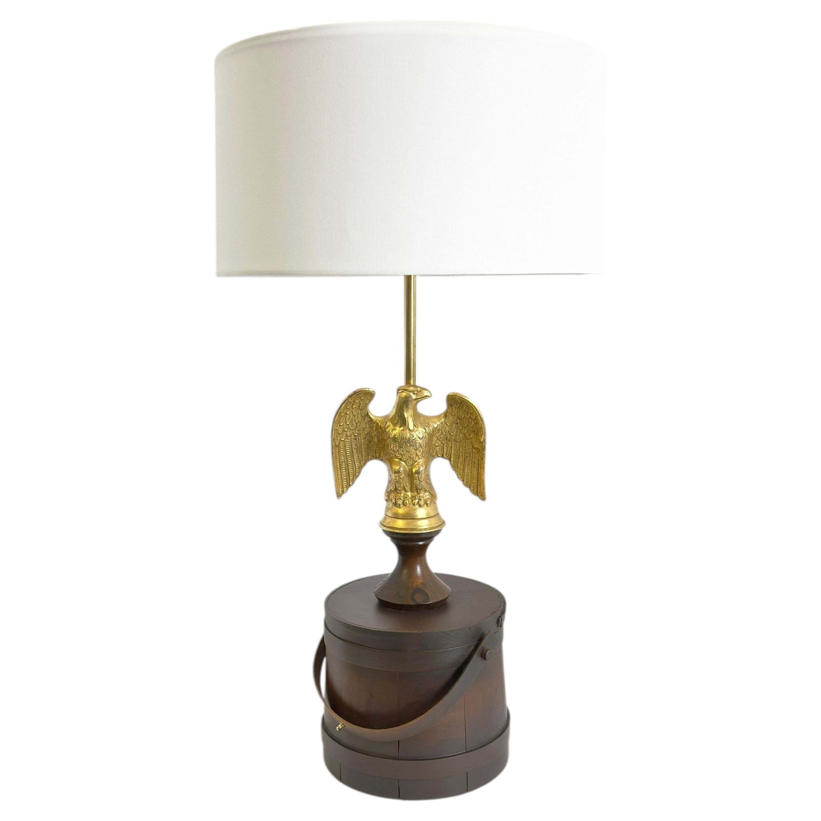 Eagle Table Lamp, Federal Style, Gilt Metal, Wooden Barrel Base, USA 1950s