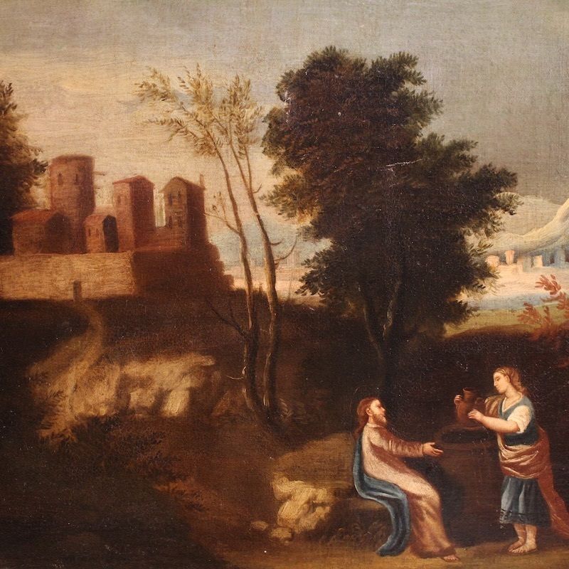 Antiek Spaans schilderij van Jezus en de Samaritaanse vrouw bij de put, 17e eeuw photo Kunst