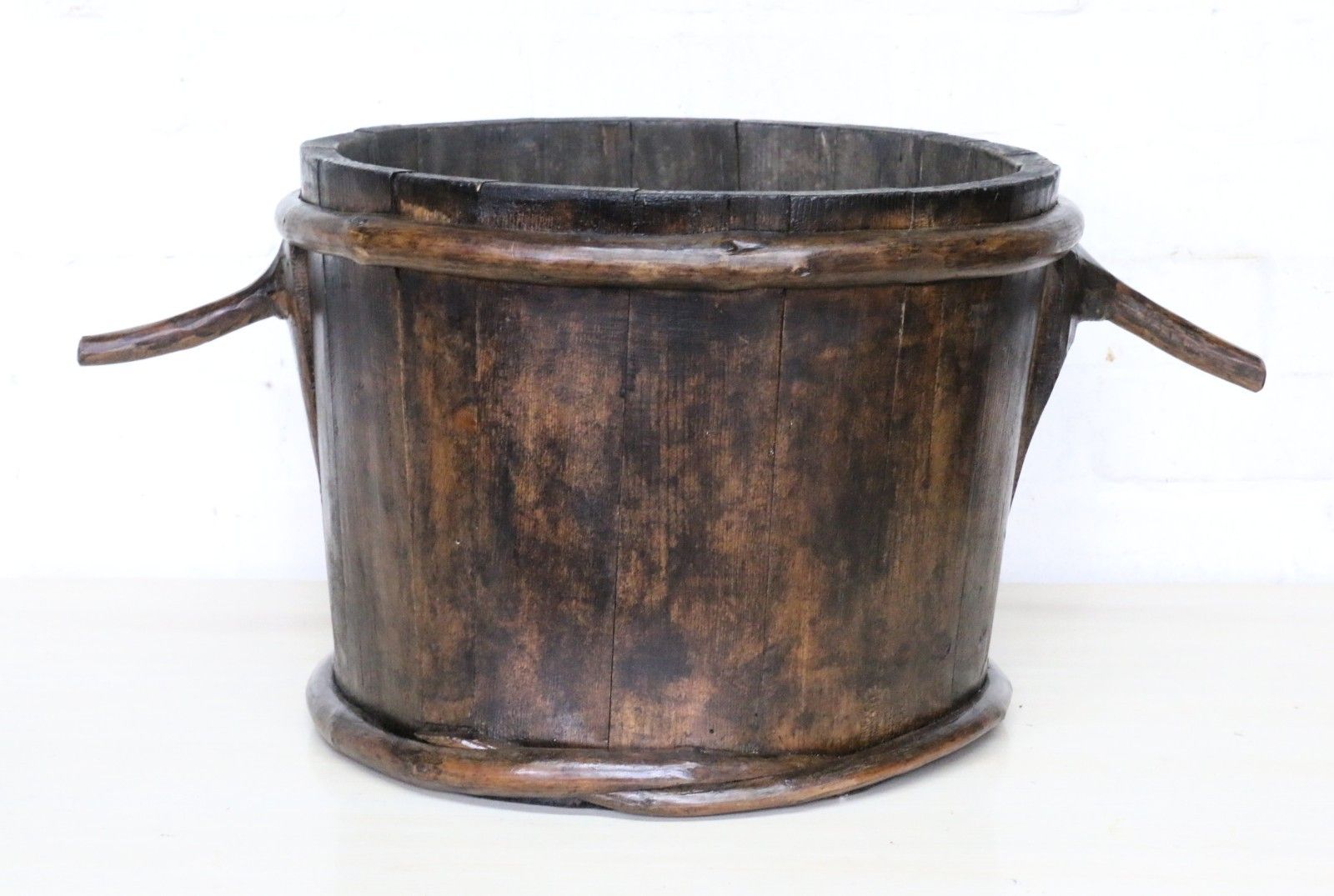 Antique French Vineyard Oak Grape Pickers Wooden Bucket Slatted Reconditioned photo for sale