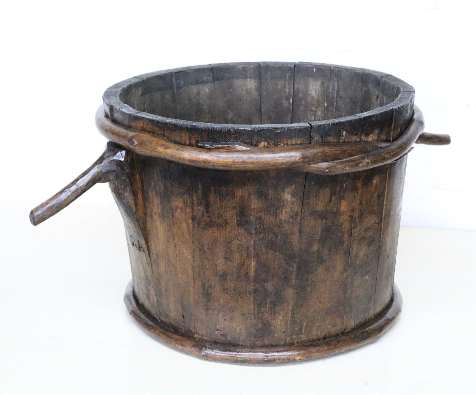 Antique French Vineyard Oak Grape Pickers Wooden Bucket Slatted Reconditioned photo 245.0