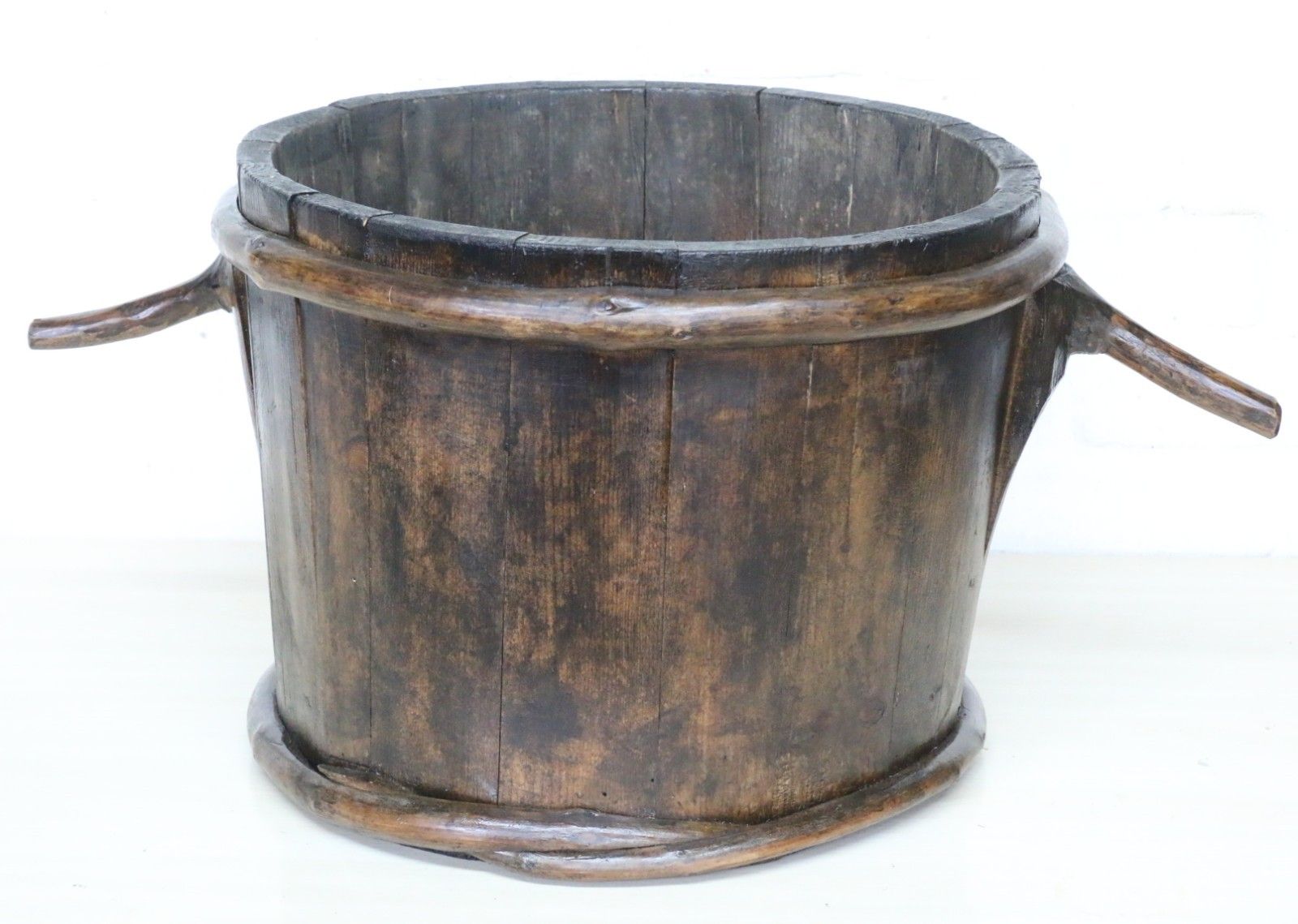 photo vinterior Antique French Vineyard Oak Grape Pickers Wooden Bucket Slatted Reconditioned