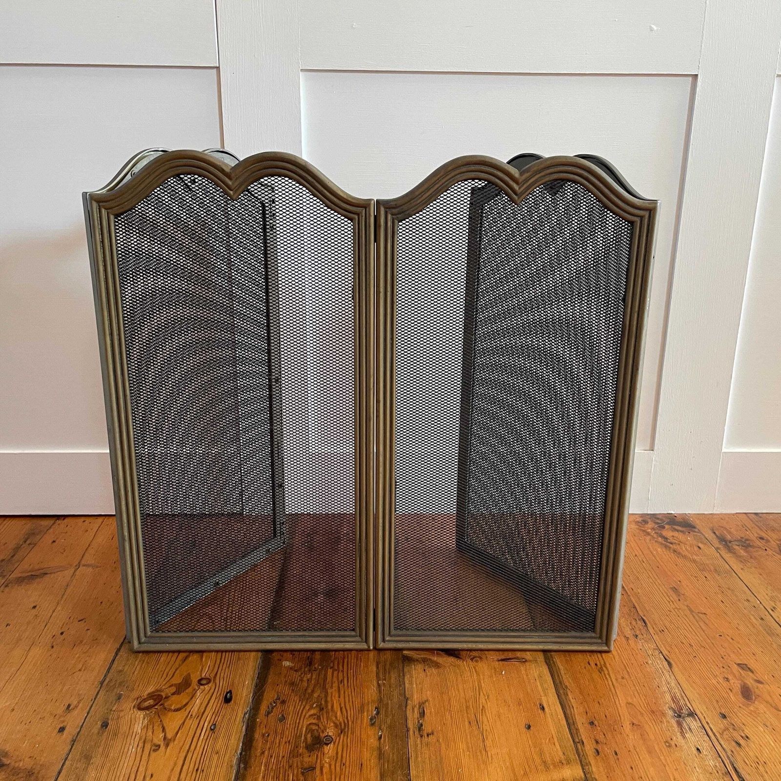 Antique Fireguard Fireplace Screen Gold Brass Metal Frame Vintage Fire Guard Fold Down Victorian Ornate Freestanding 4 Panels Mesh Rectangle photo furniture