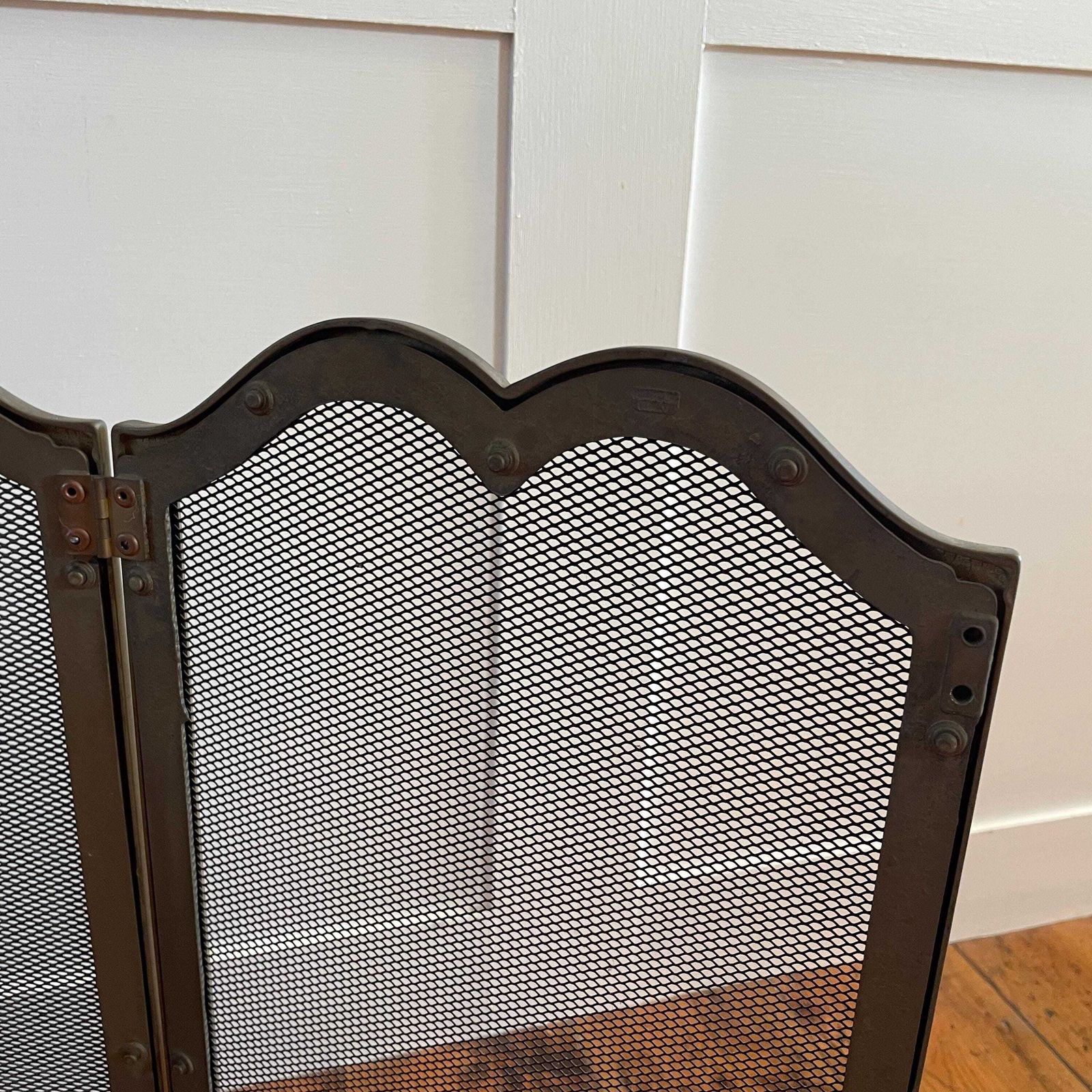 photo buy Antique Fireguard Fireplace Screen Gold Brass Metal Frame Vintage Fire Guard Fold Down Victorian Ornate Freestanding 4 Panels Mesh Rectangle