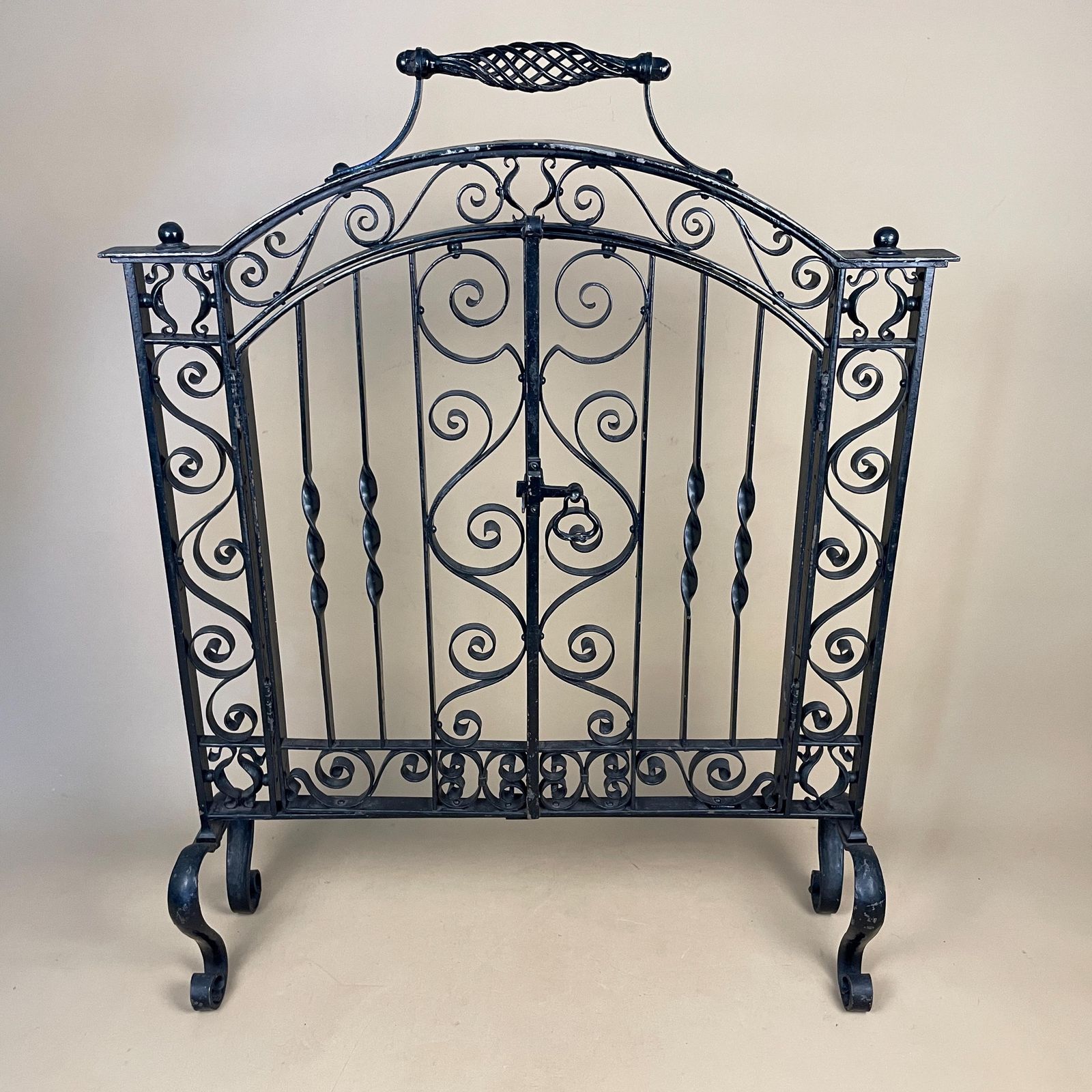 French Gothic Antique Fireguard Fireplace Screen Metal Wrought Iron Black Double Doors Opening Vintage Fire Guard Ornate Freestanding