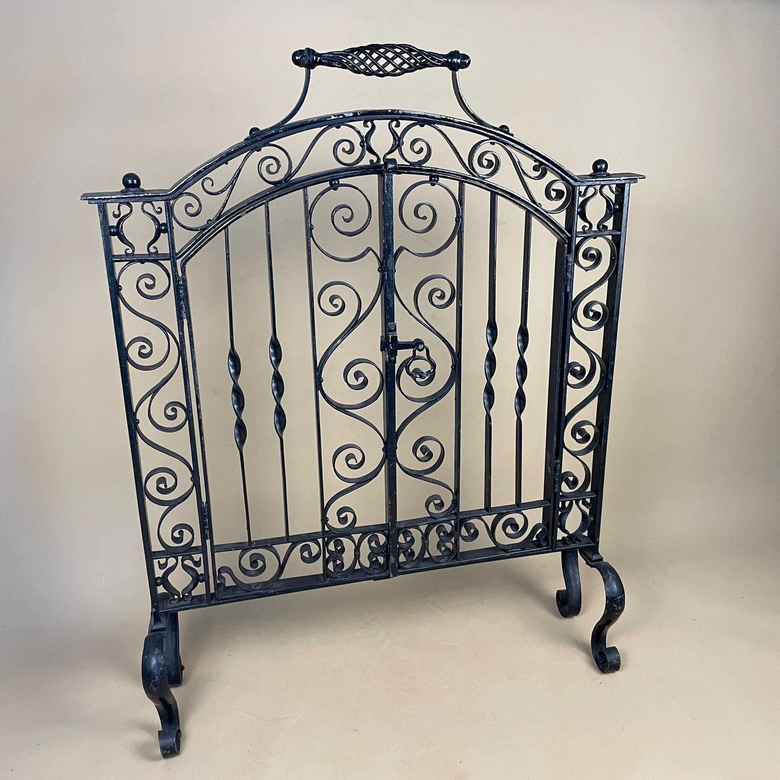 French Gothic Antique Fireguard Fireplace Screen Metal Wrought Iron Black Double Doors Opening Vintage Fire Guard Ornate Freestanding photo for sale