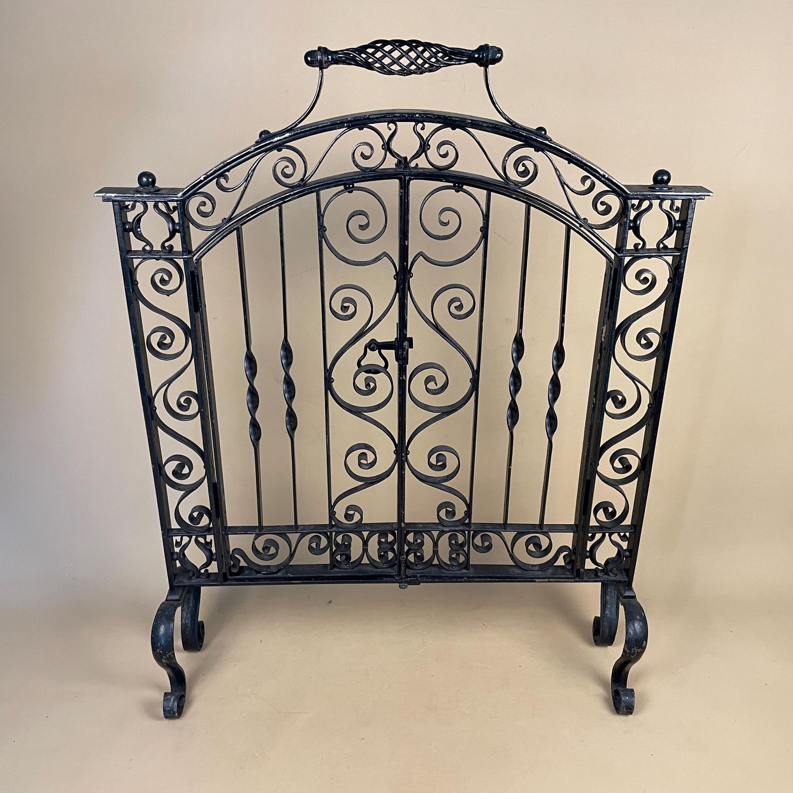 Home Fixtures French Gothic Antique Fireguard Fireplace Screen Metal Wrought Iron Black Double Doors Opening Vintage Fire Guard Ornate Freestanding photo
