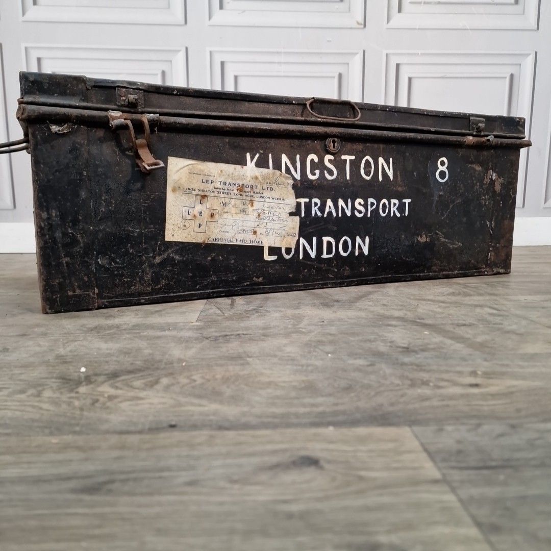 Vintage Industrial Metal Trunk Kingston Transport London Storage Chest Tool Box photo for sale