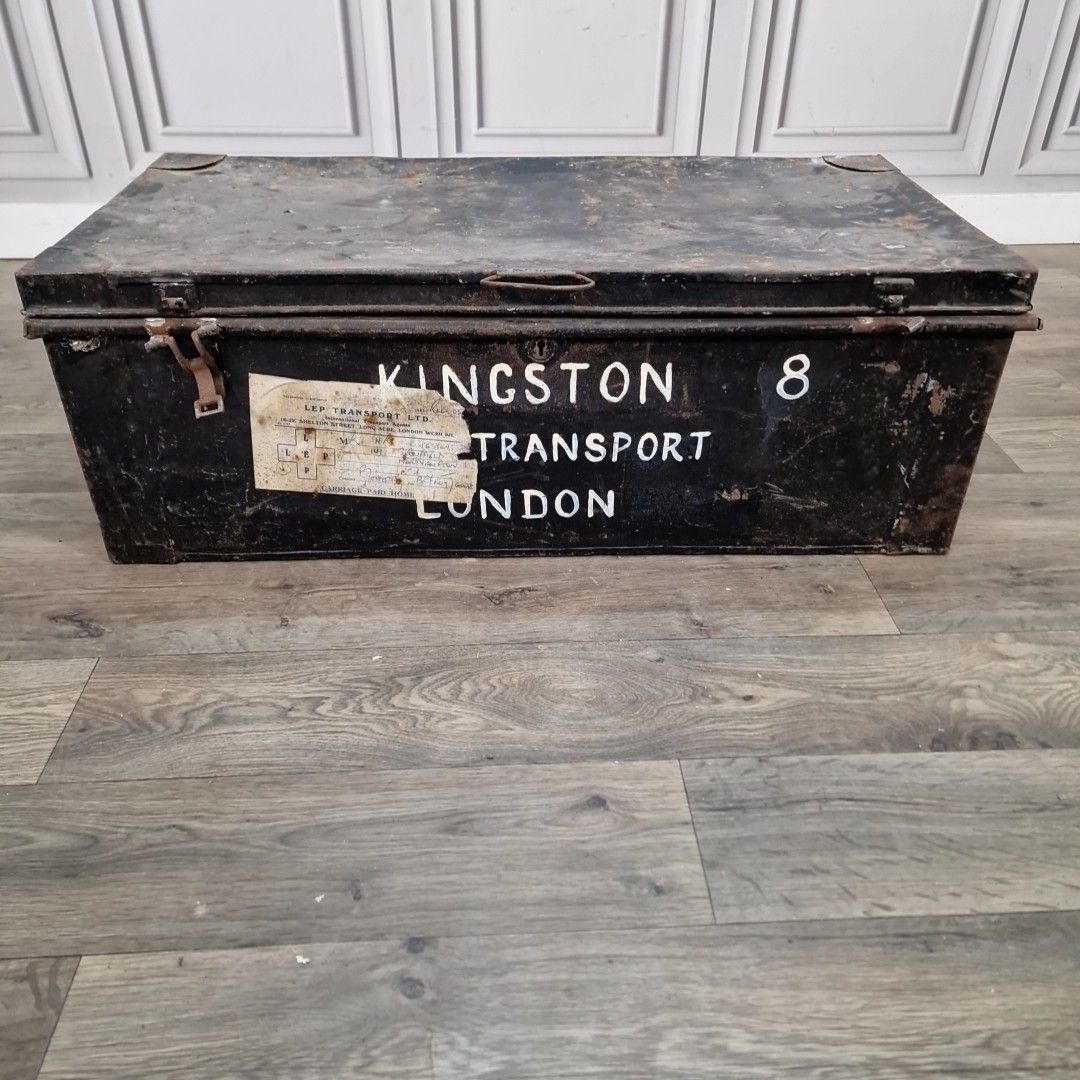 photo for sale Vintage Industrial Metal Trunk Kingston Transport London Storage Chest Tool Box
