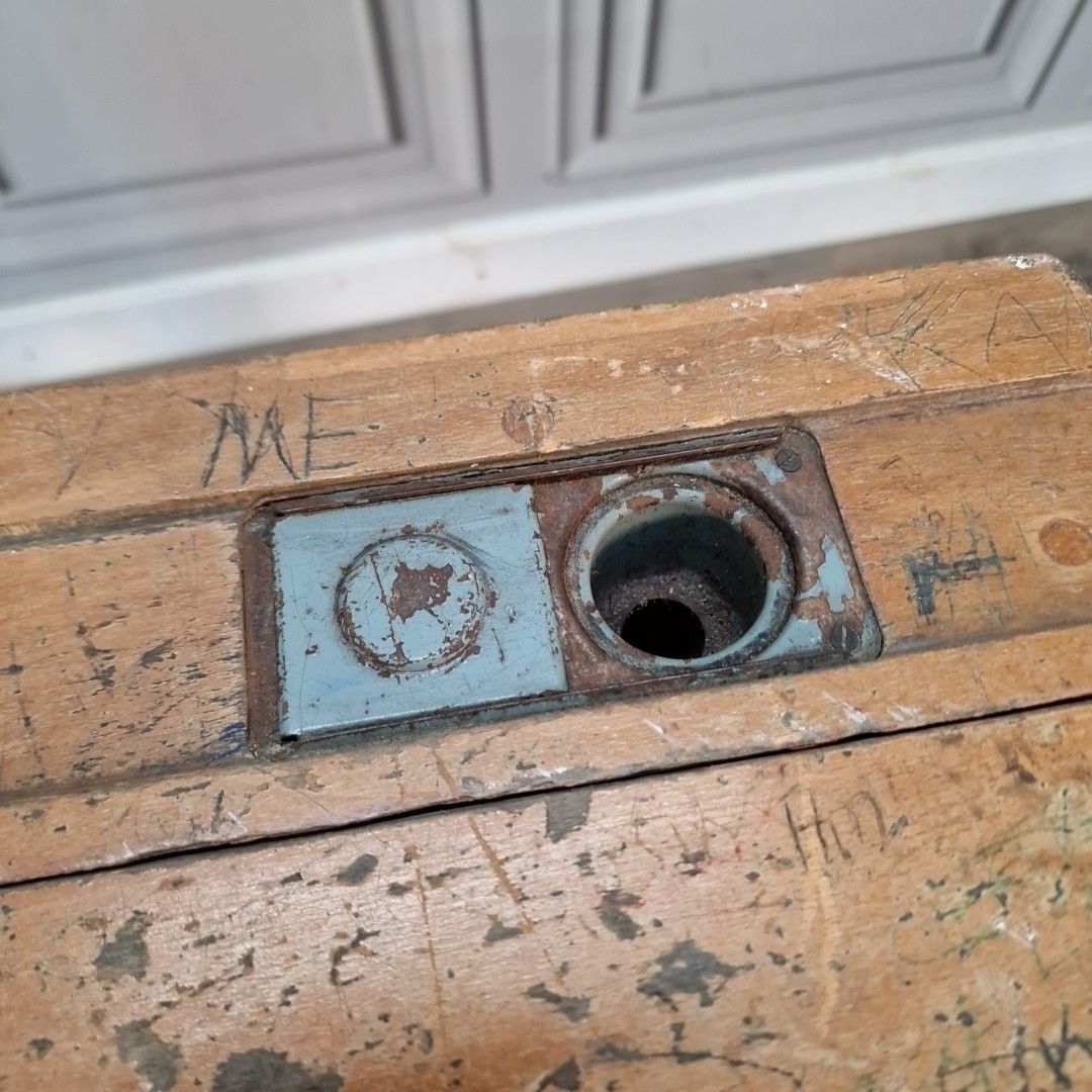 photo for sale Vintage School Desk Wooden Lift Up Top Ink Well Storage Child's Writing Retro