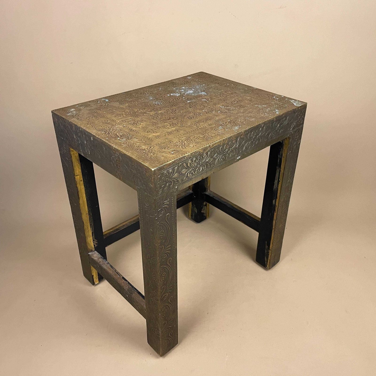 Vintage Indian Brass Table Metal Wrapped Wooden Coffee Side Table Display Plant Stand Floral Pattern Etched Brass Accent Table Boho Accent photo buy