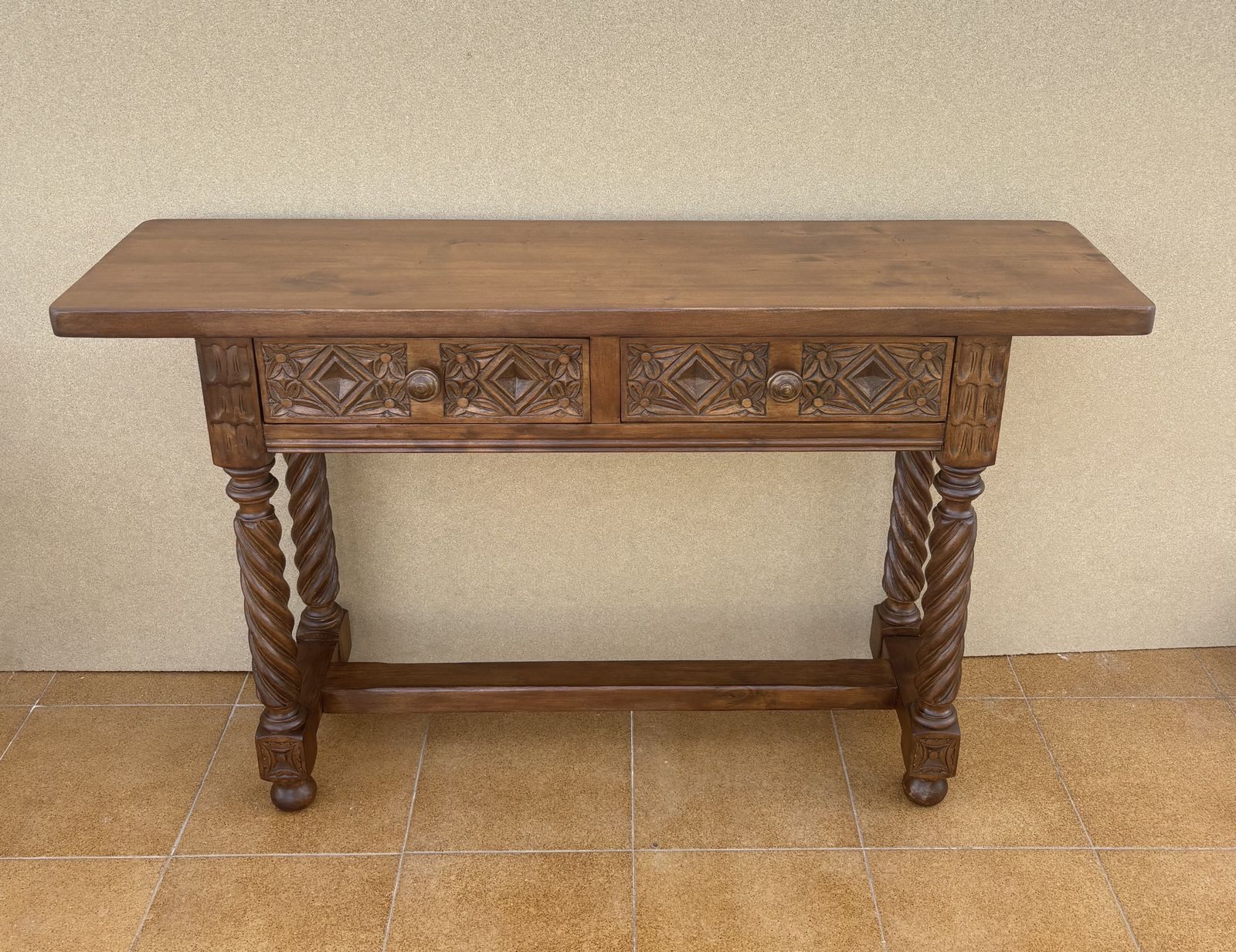 Spanish Carved Console Table With Barley Twist Legs And Two Drawers, 1930s photo furniture