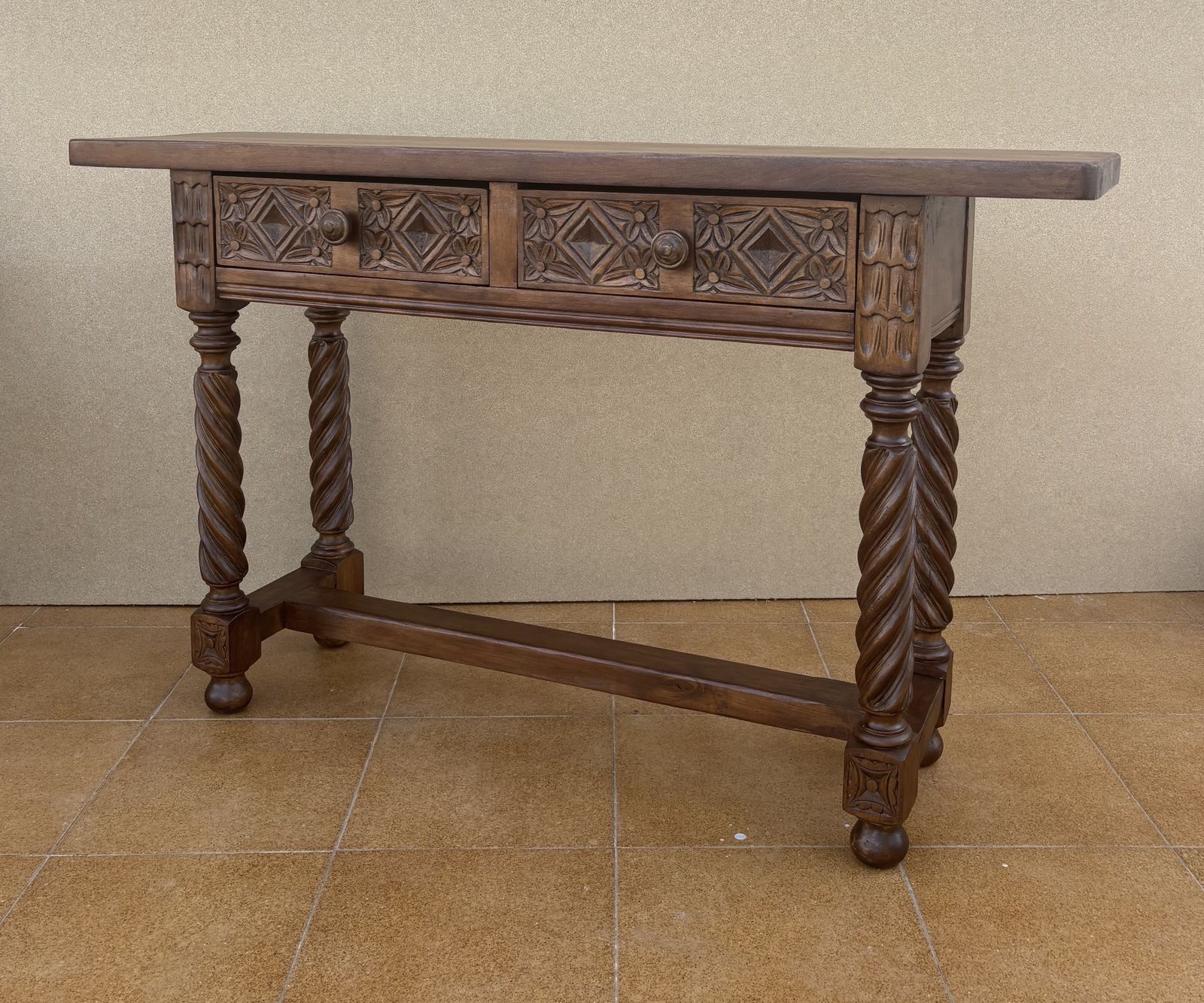 Spanish Carved Console Table With Barley Twist Legs And Two Drawers, 1930s photo vintage