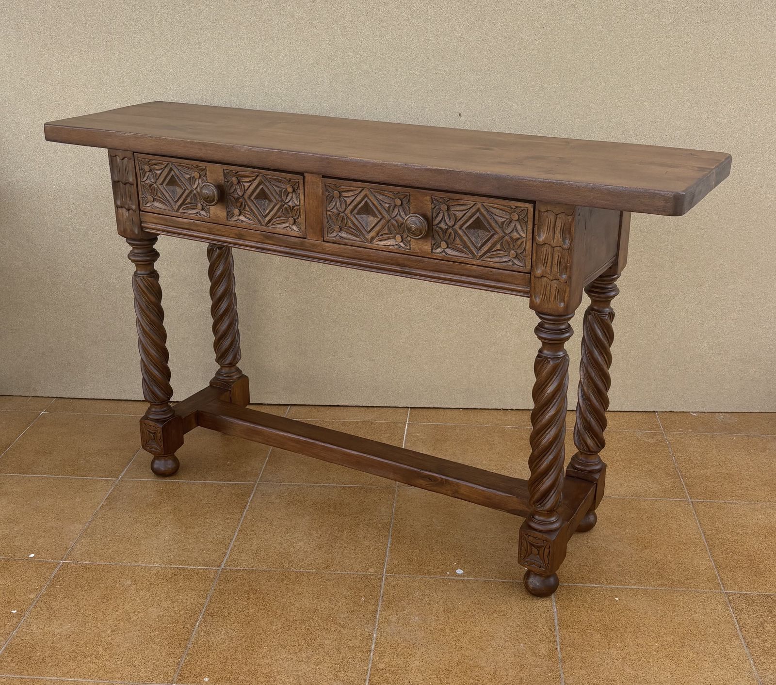 photo furniture Spanish Carved Console Table With Barley Twist Legs And Two Drawers, 1930s