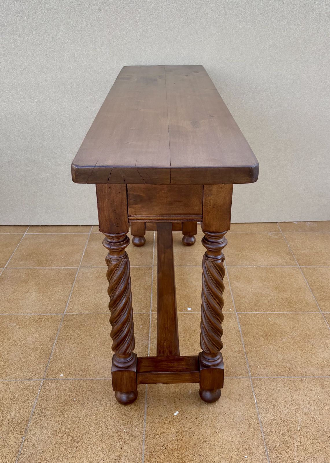 2620.0 Spanish Carved Console Table With Barley Twist Legs And Two Drawers, 1930s photo
