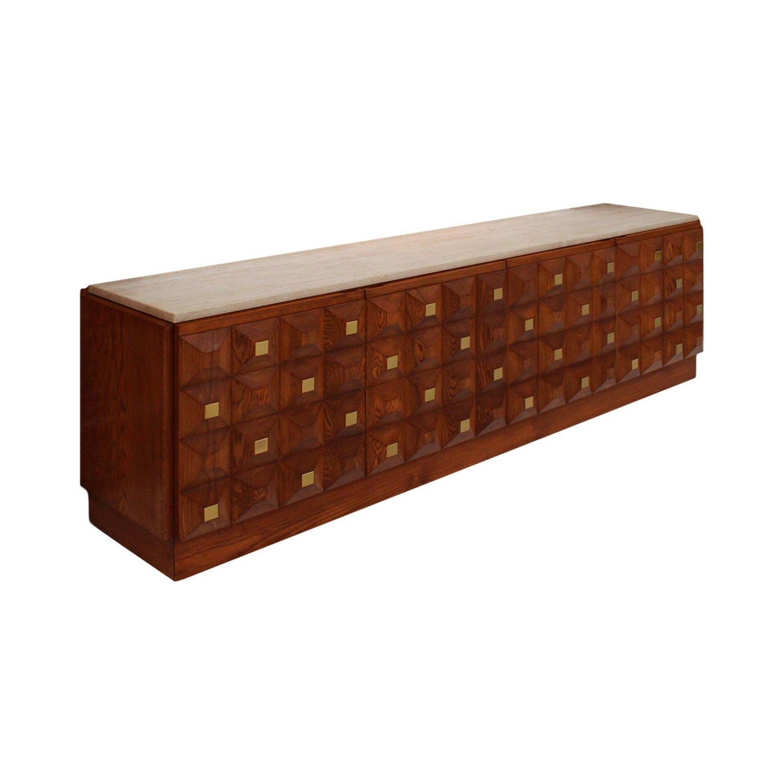 Contemporary Square Pattern Oak Wood, Brass And Travertine Top Italian Sideboard photo for sale