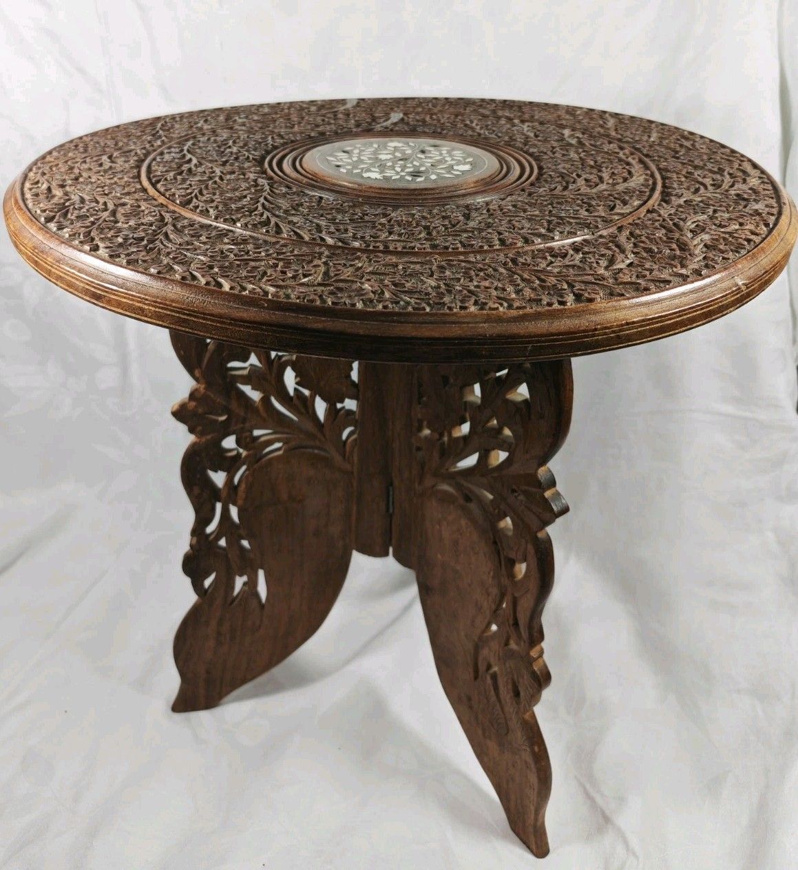 Indian Carved Folding Side Table Contrast Inlay Hoshiarpur Wooden Round photo furniture