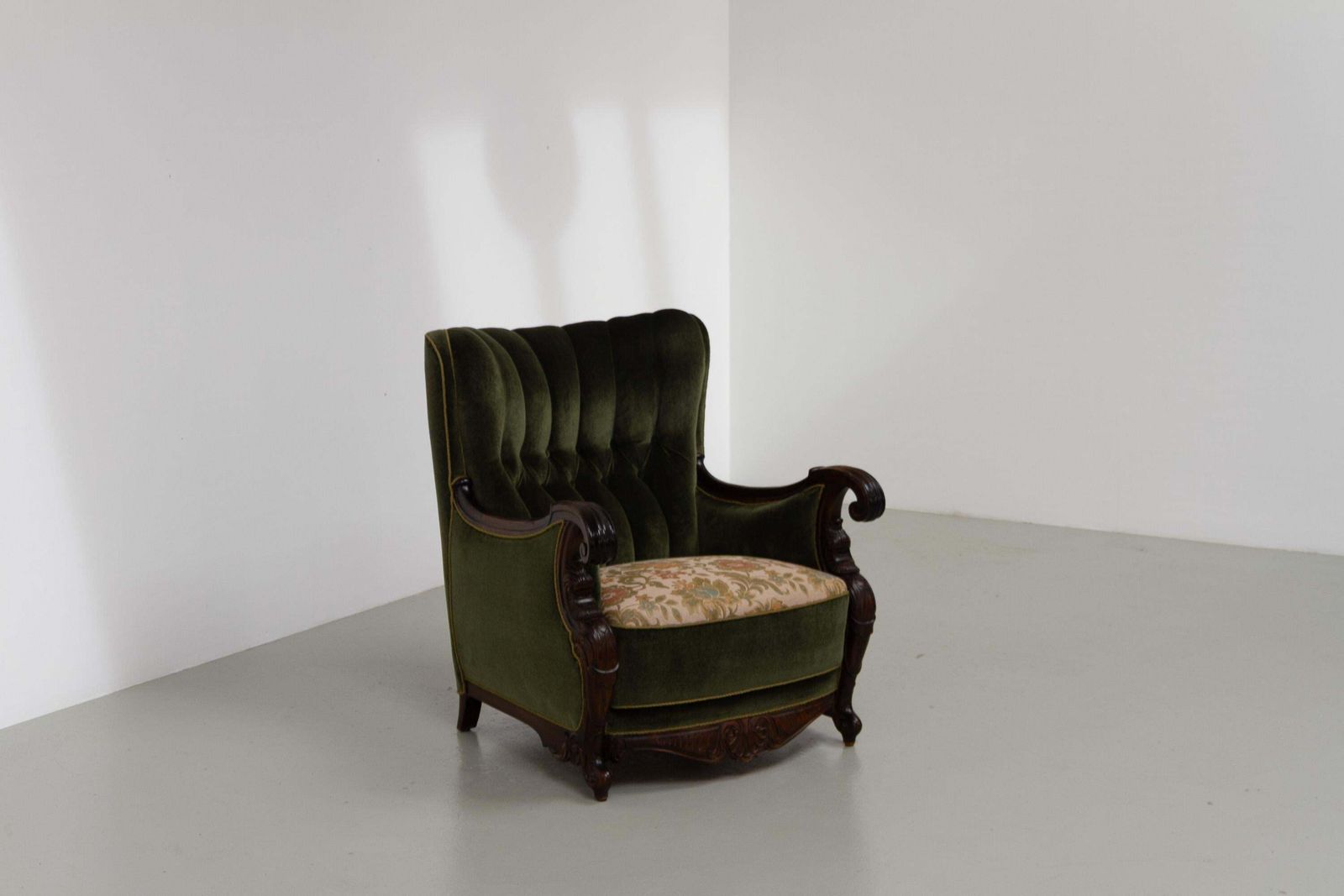 Danish Carved Lounge Chair In Green Velvet, 1920s. photo 1058.0