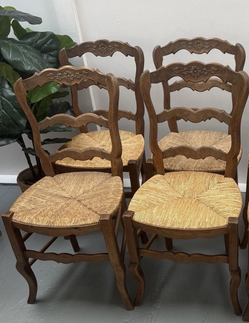 4 Vintage French Farmhouse Country ´Van Gogh’ Ladderback Rush Seat Dining Chairs