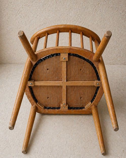 Small Mid Century Solid Wood Chair With Curved Back And Black Vinyl Seat photo for sale