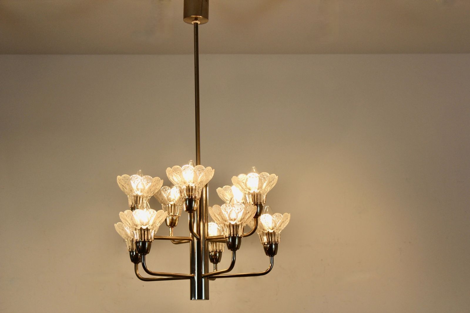 Mid Century Modern Chrome & Floral Textured Glass Chandelier, Germany photo furniture