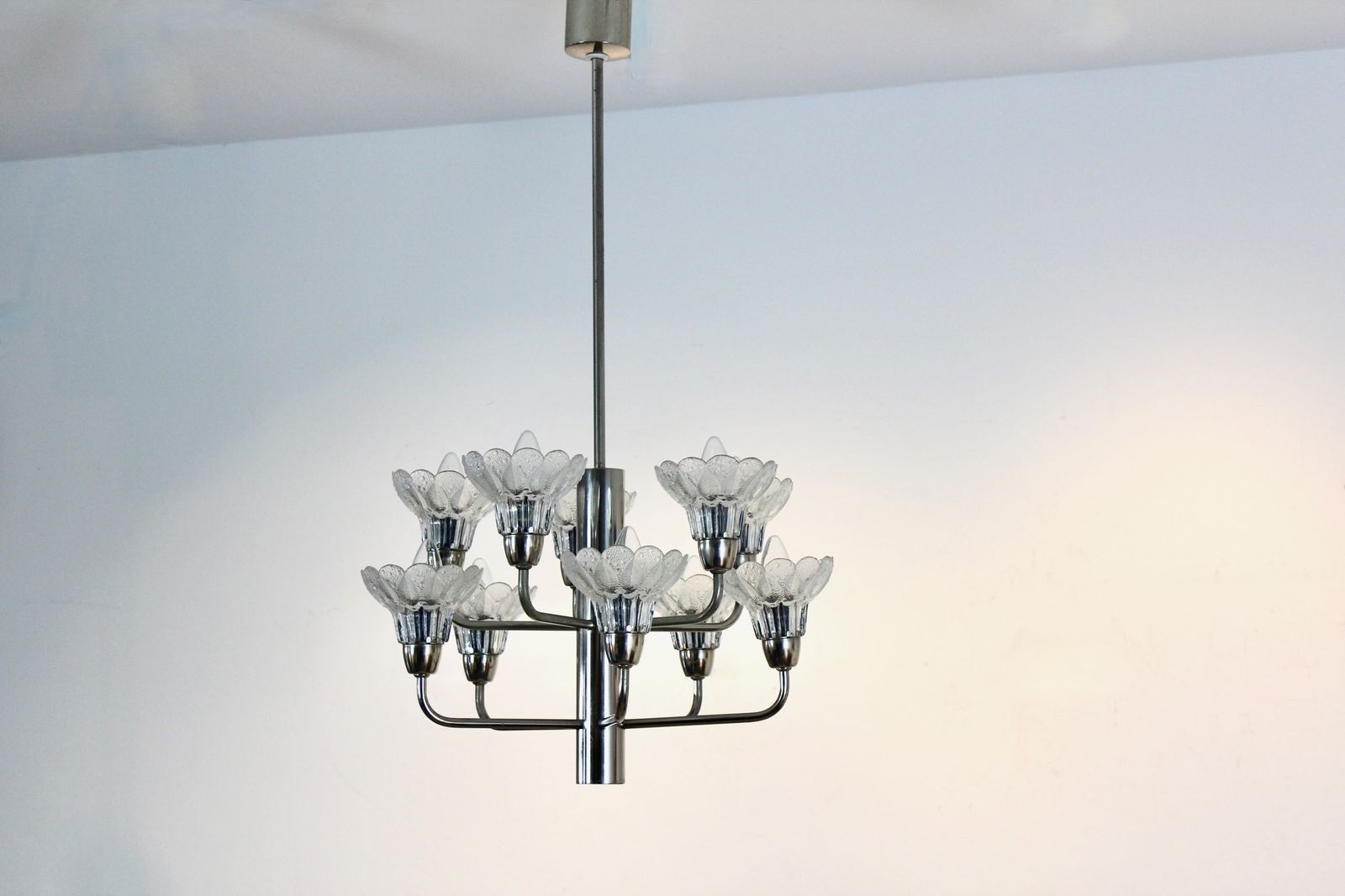 Mid Century Modern Chrome & Floral Textured Glass Chandelier, Germany photo for sale