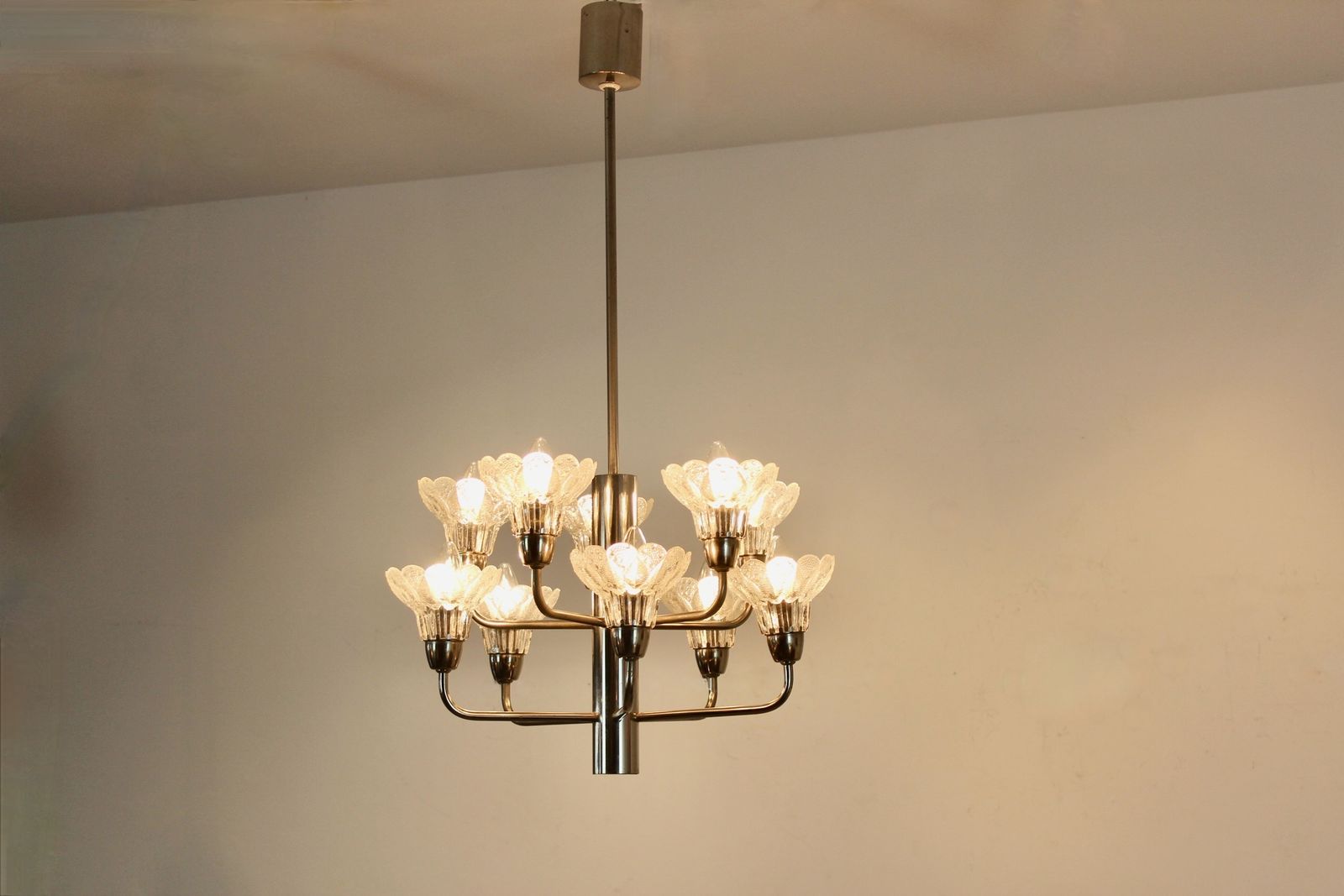 Mid Century Modern Chrome & Floral Textured Glass Chandelier, Germany photo Lighting