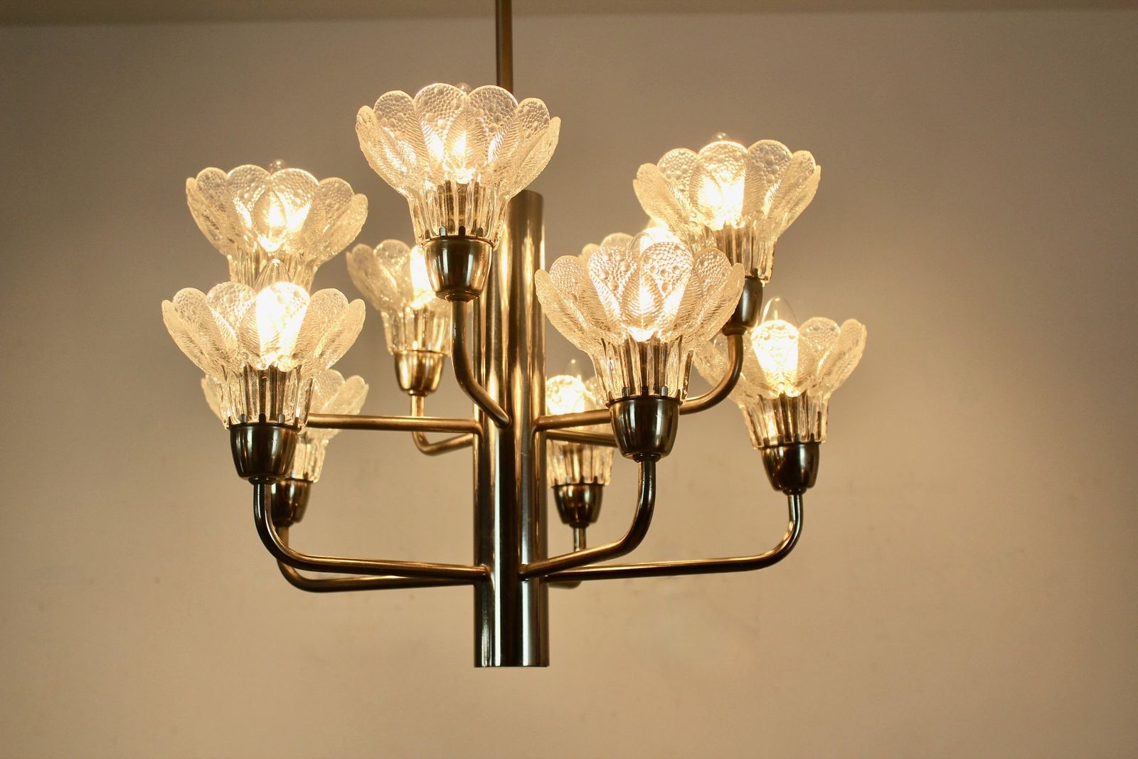 Mid Century Modern Chrome & Floral Textured Glass Chandelier, Germany photo vinterior