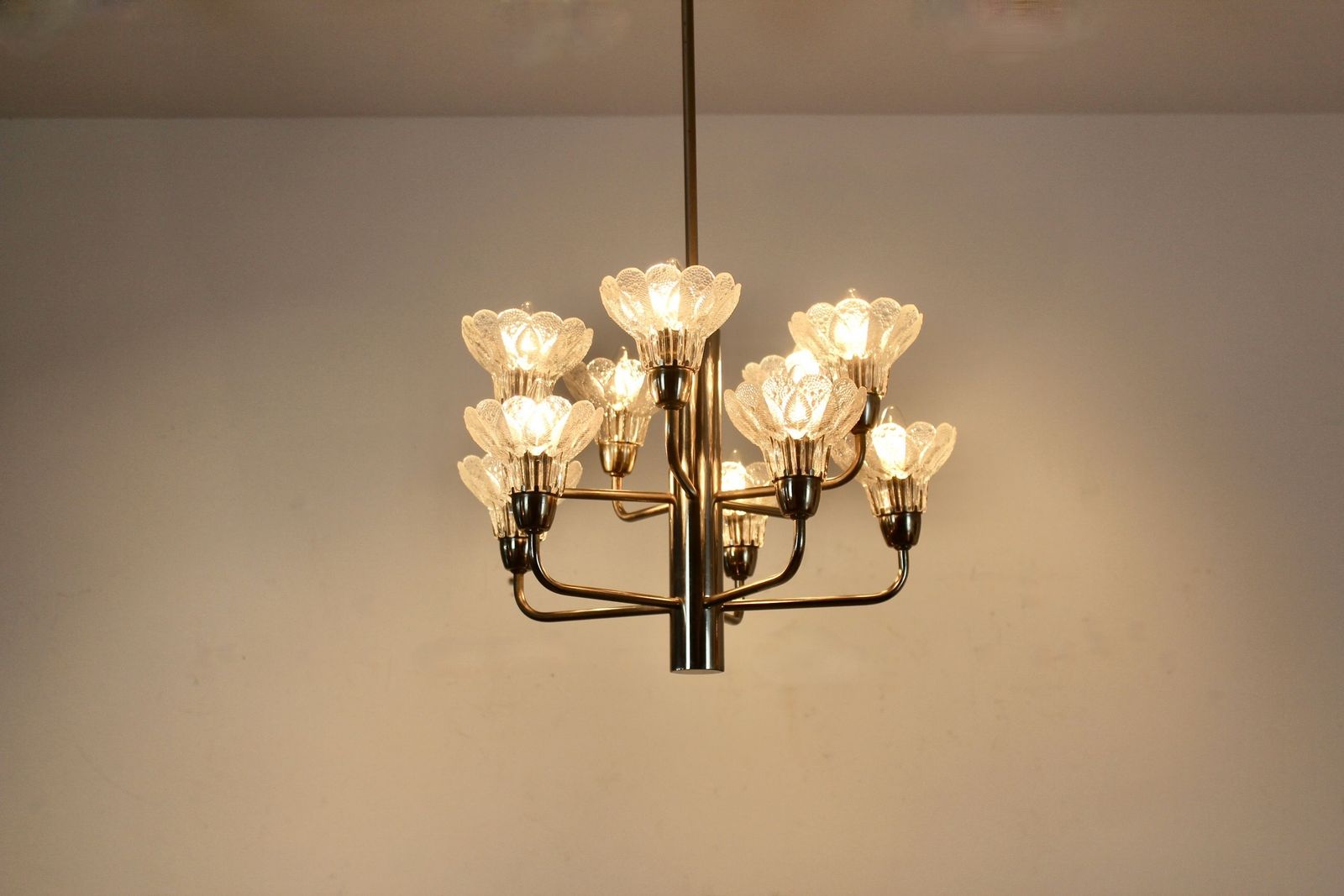 Mid Century Modern Chrome & Floral Textured Glass Chandelier, Germany photo vintage