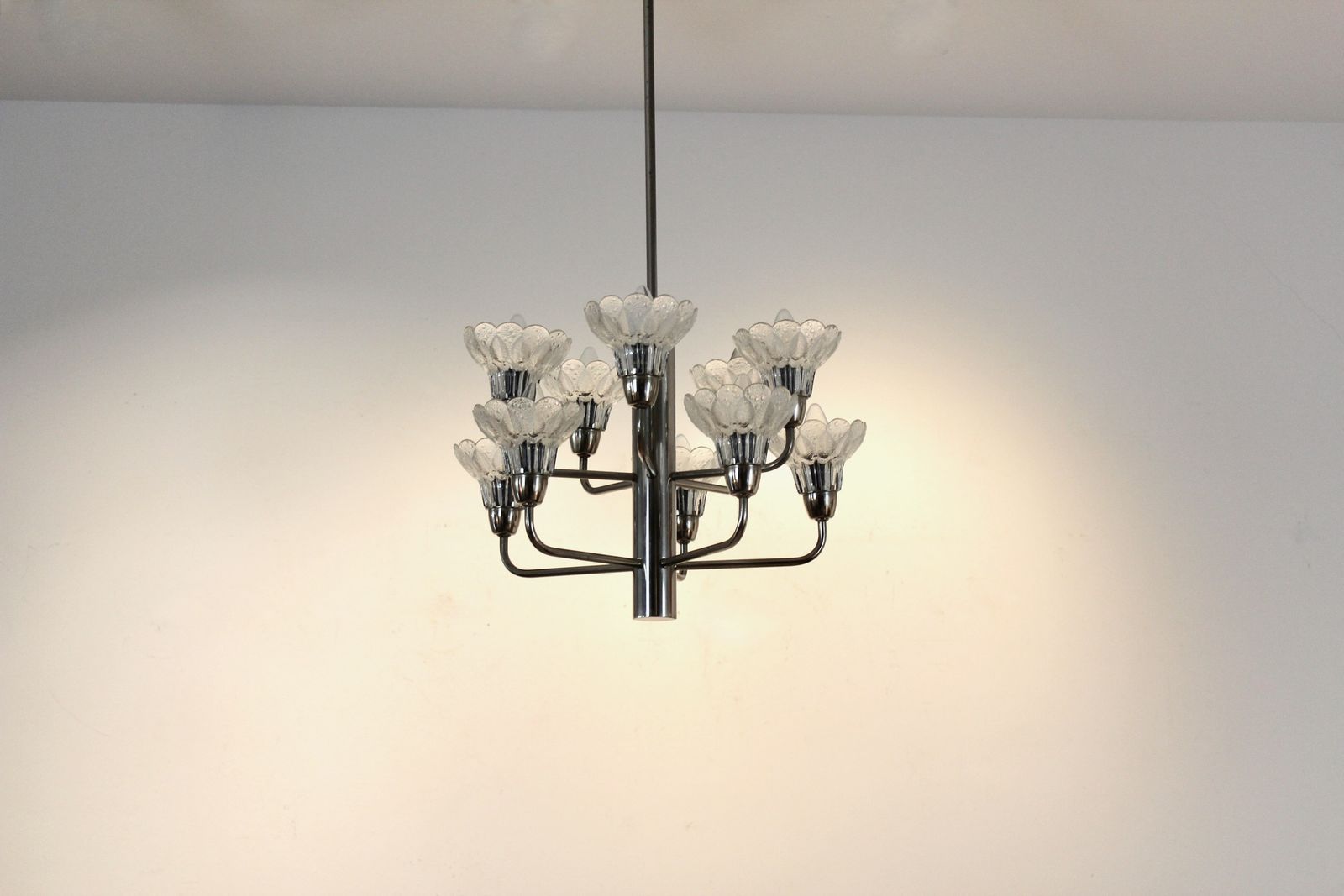 photo furniture Mid Century Modern Chrome & Floral Textured Glass Chandelier, Germany