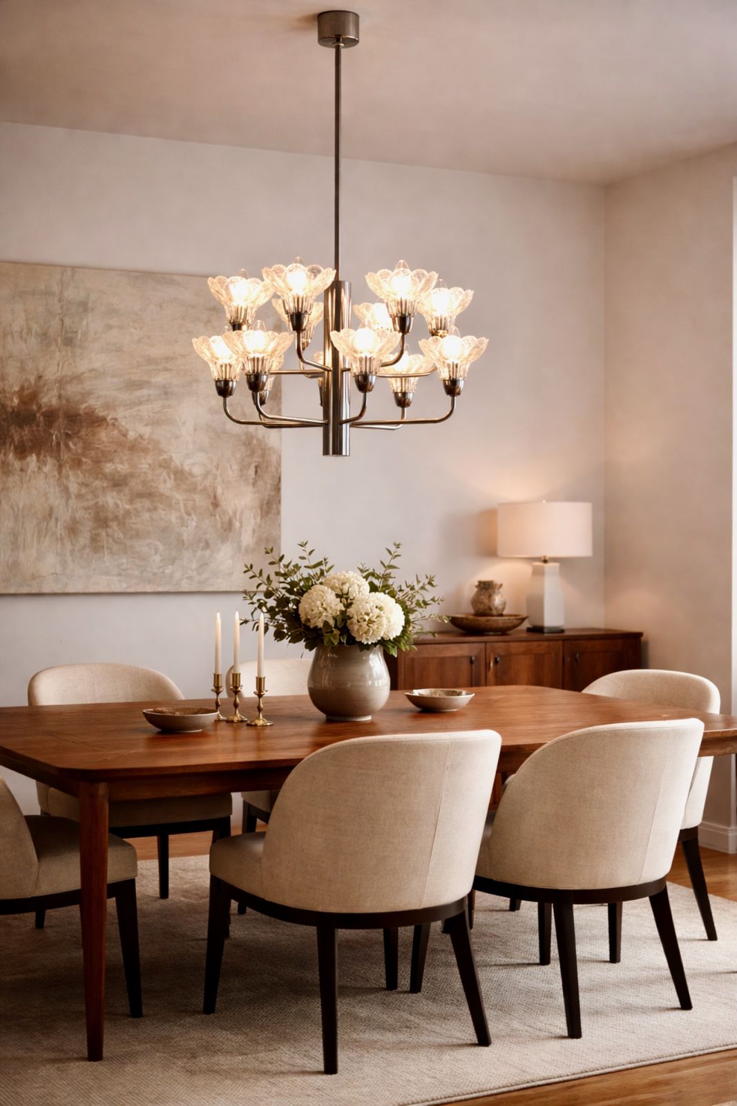 1879.0 Mid Century Modern Chrome & Floral Textured Glass Chandelier, Germany photo
