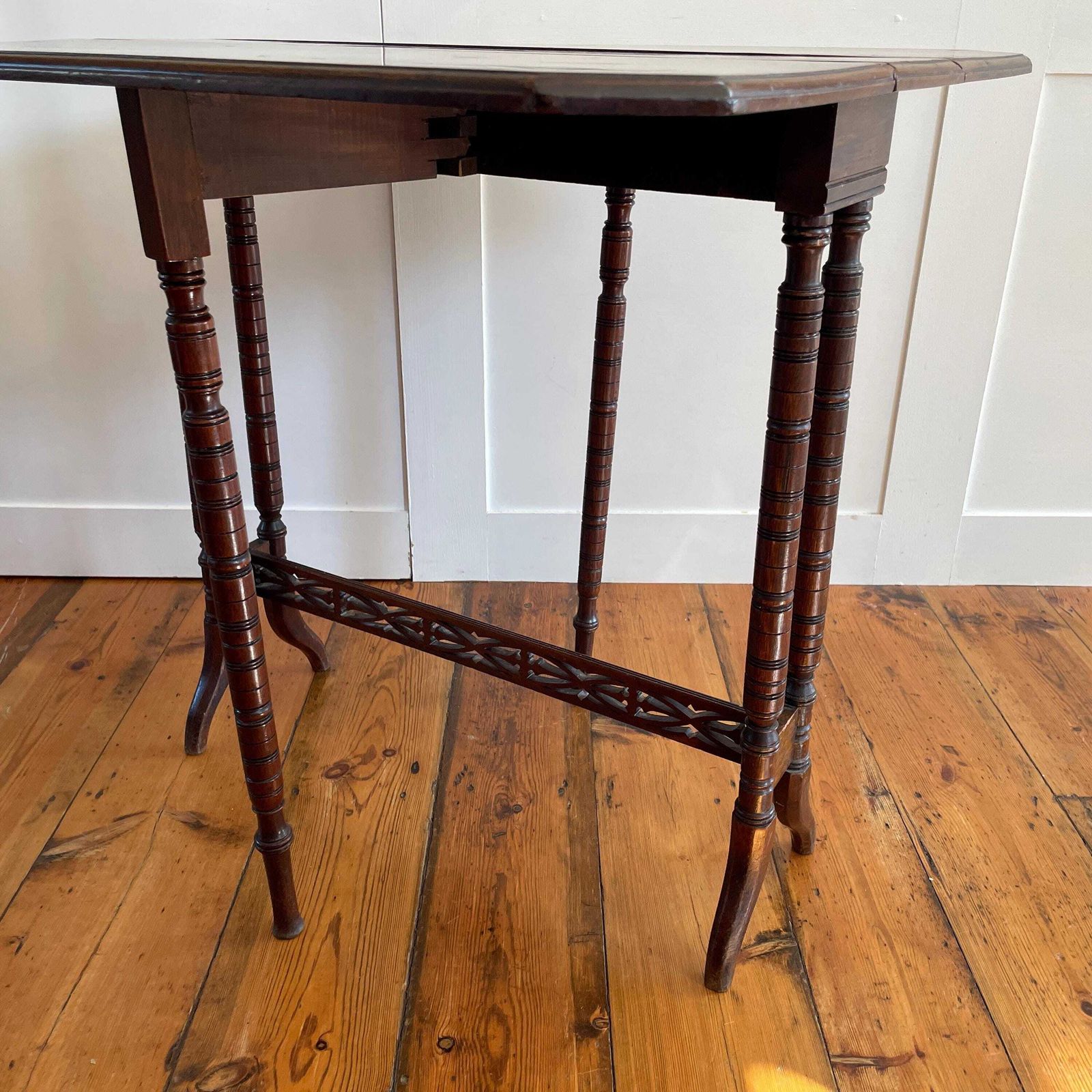 Antique Gateleg Drop Leaf Table Wooden Turned Legs Side End Table English Vintage Solid Wood Folding Hand Carved Accent photo for sale