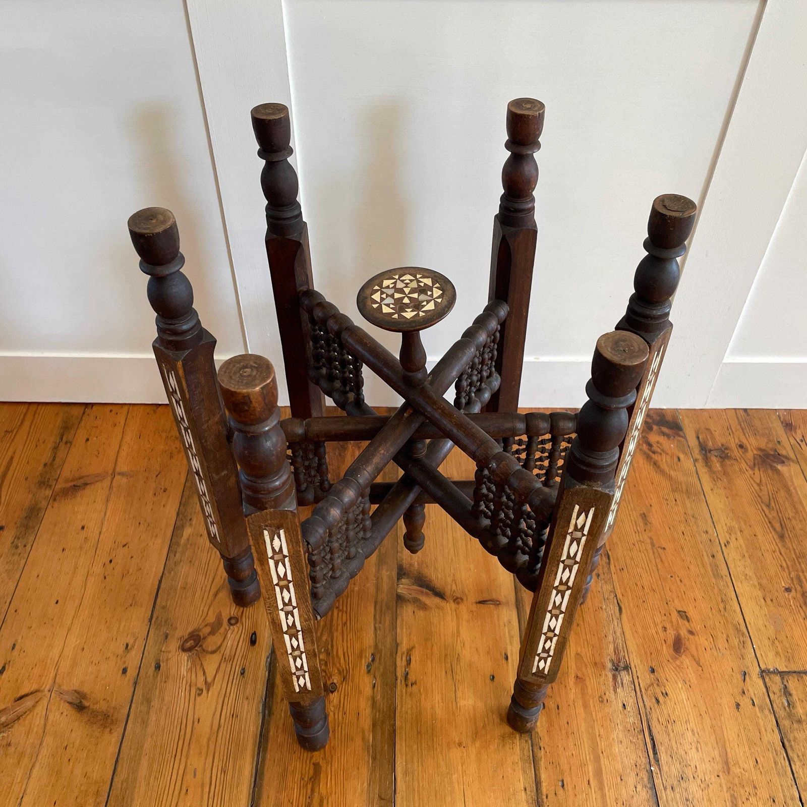 photo buy Indian Brass Tray Table Carved Wood Mother Of Pearl Inlay Folding Stand Vintage Boho Accent Side Table Handmade