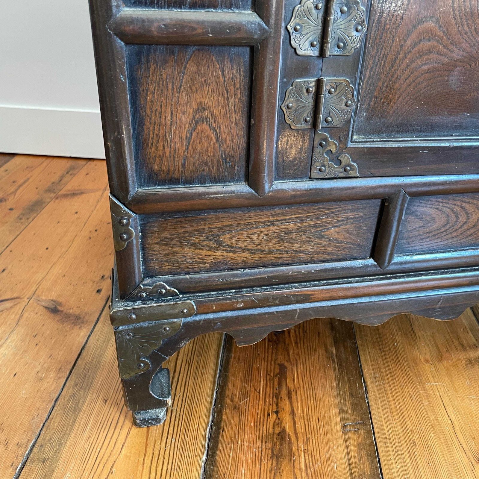 Oriental Style Side Cabinet Brass Hardware Hidden Drawers Indian Made Vintage Chunky Wood Chinese Inspired photo vintage