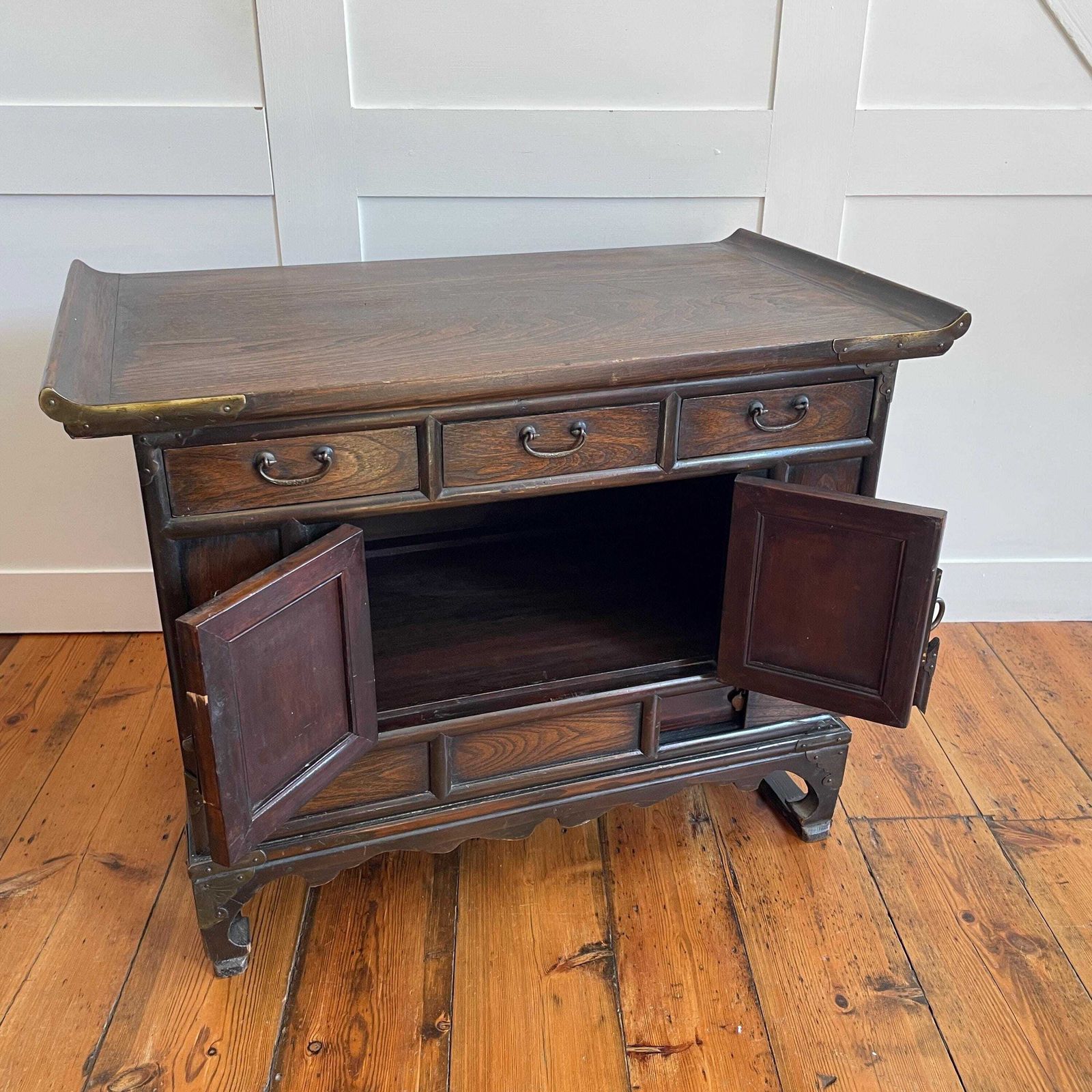 Furniture Oriental Style Side Cabinet Brass Hardware Hidden Drawers Indian Made Vintage Chunky Wood Chinese Inspired photo