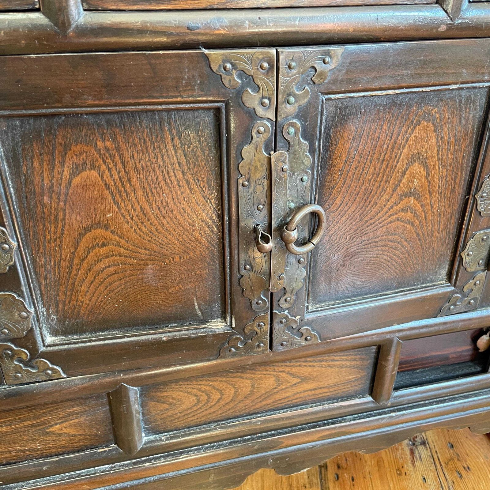 485.0 Oriental Style Side Cabinet Brass Hardware Hidden Drawers Indian Made Vintage Chunky Wood Chinese Inspired photo