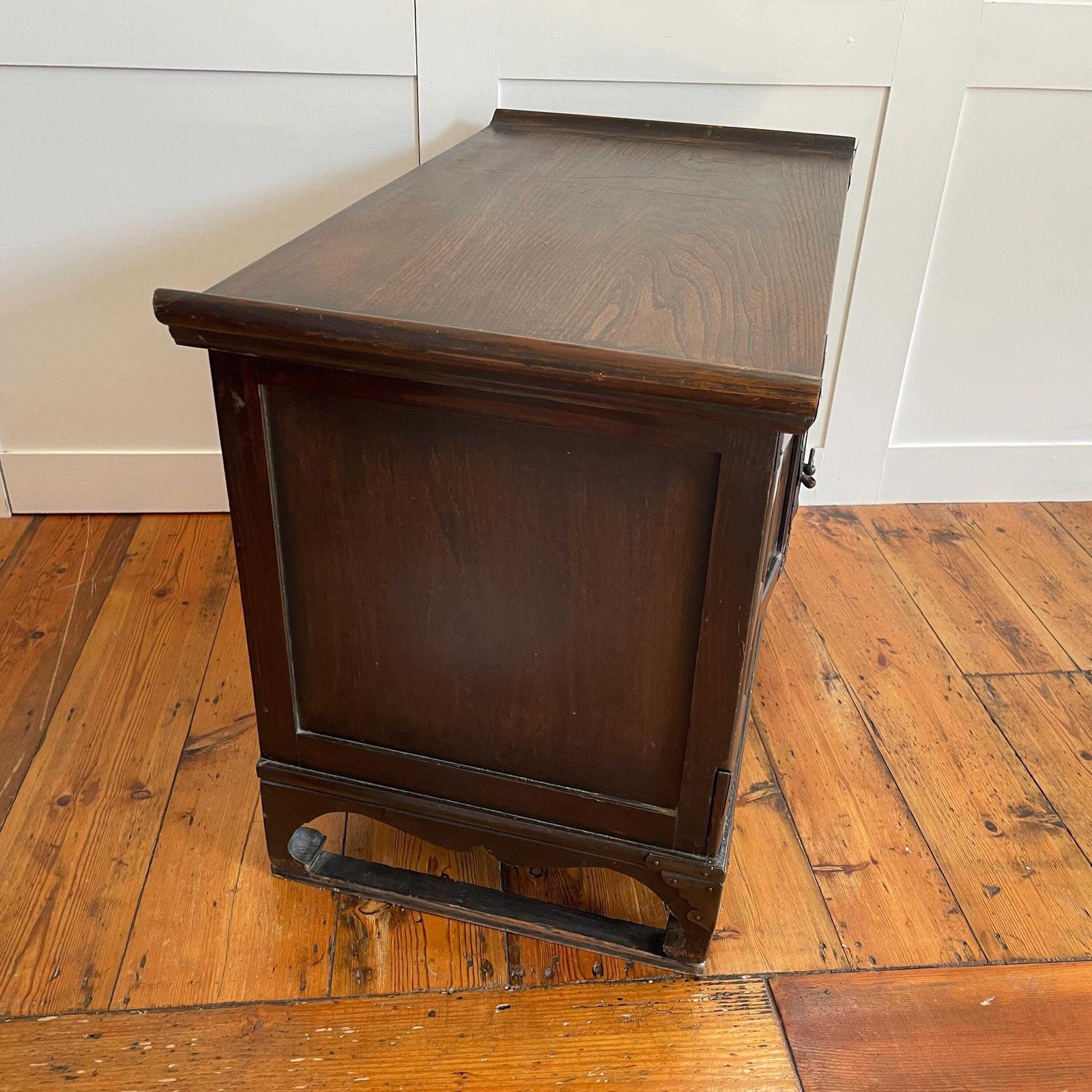 photo vintage Oriental Style Side Cabinet Brass Hardware Hidden Drawers Indian Made Vintage Chunky Wood Chinese Inspired
