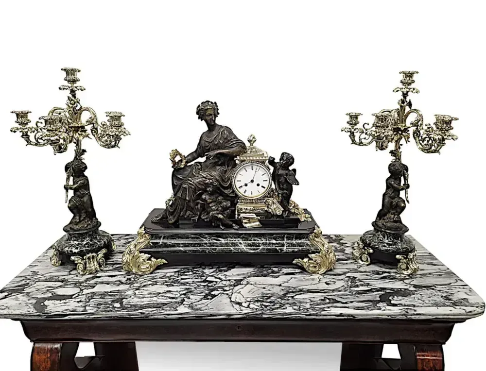 A Very Rare And Fine 19th Century French Marble And Bronze Garniture Clock Set photo for sale