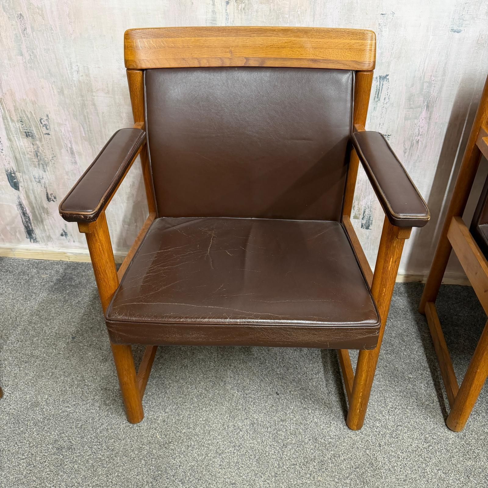 Set 3 Ferd. Lundquist 1970’s Mid Century Swedish Oak And Faux Leather Armchairs photo buy