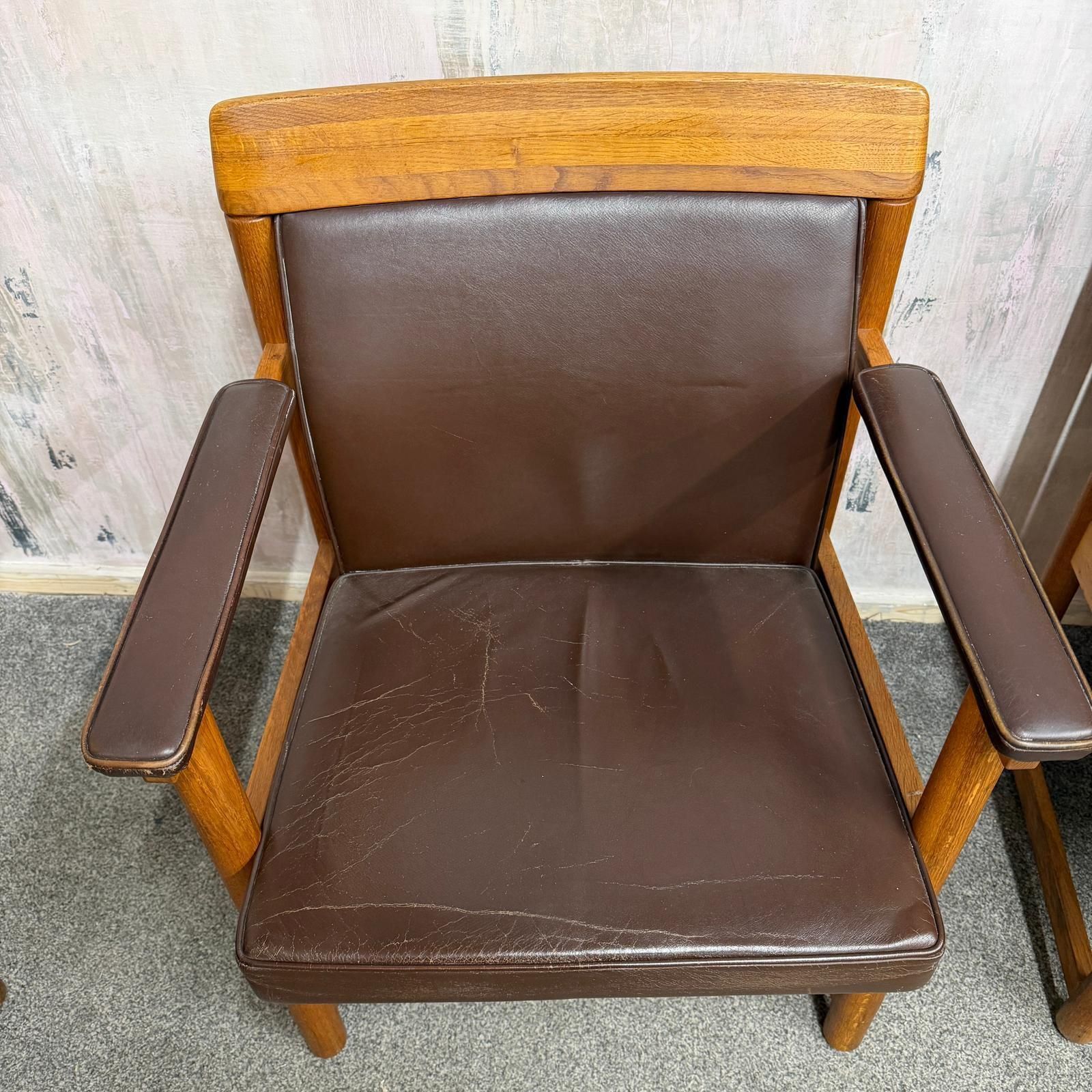 photo furniture Set 3 Ferd. Lundquist 1970’s Mid Century Swedish Oak And Faux Leather Armchairs