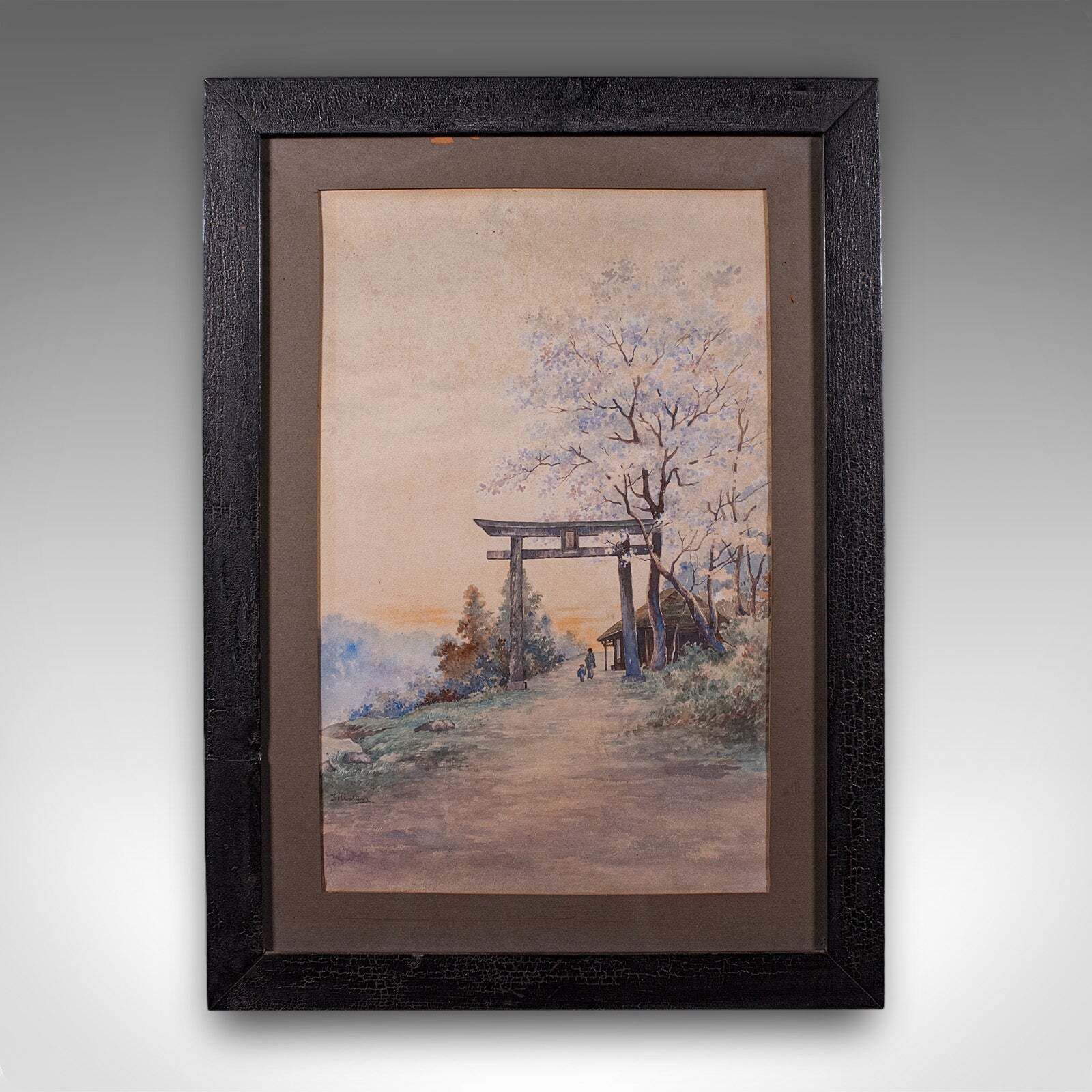 Vintage Torii Gate Landscape Painting, Japanese School, Watercolour, Art, C.1960 photo furniture
