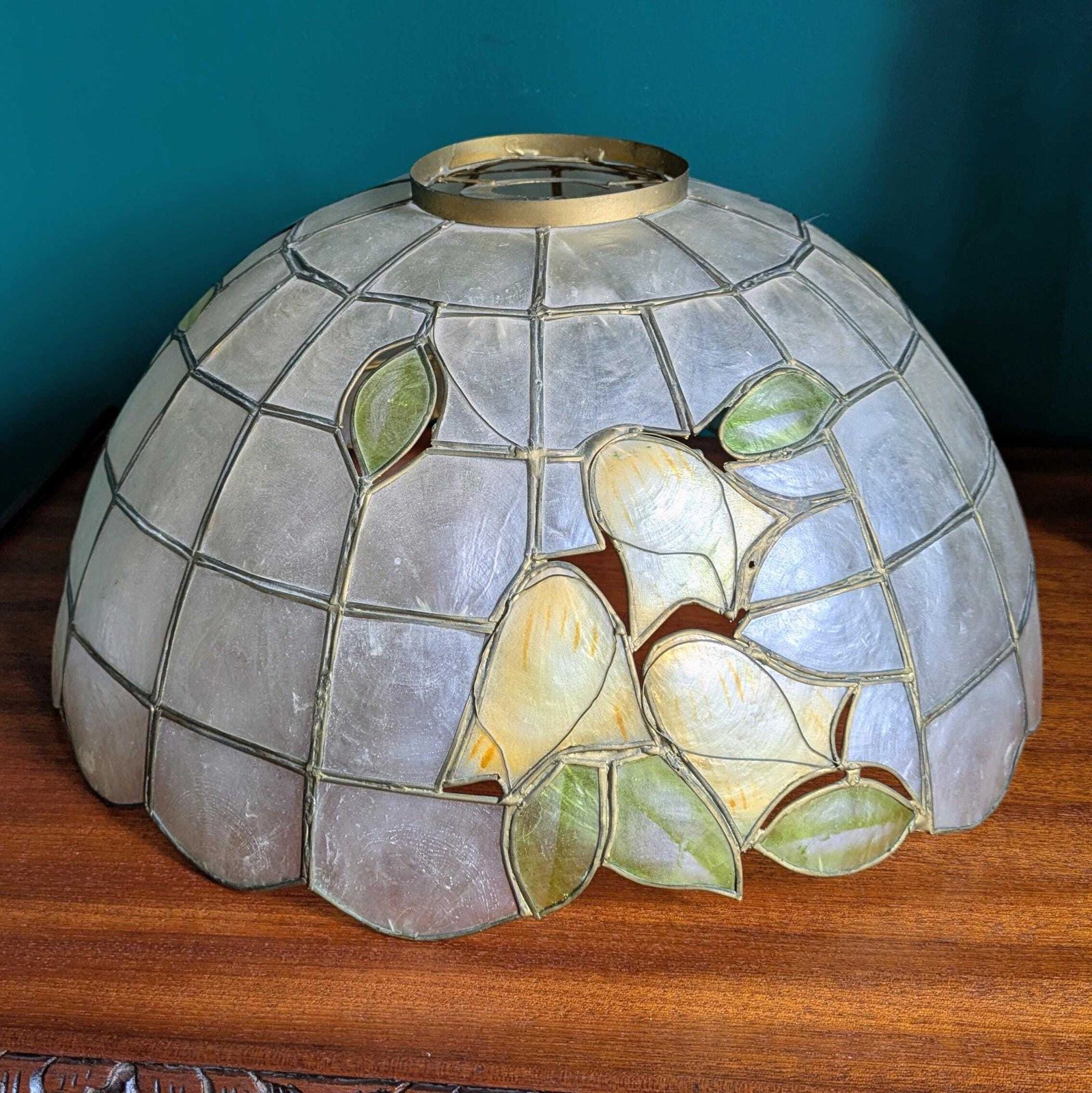 Vintage Capiz Shell Ceiling Shade – Floral Art Nouveau Style Dome – Handcrafted Shell Mosaic photo for sale