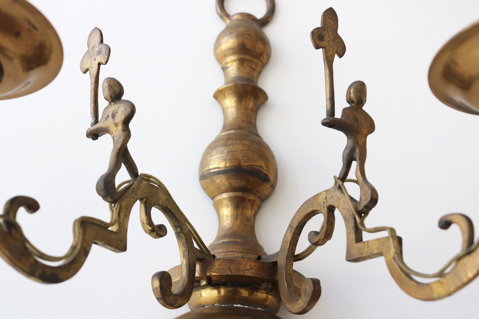 Rare Pair Of Antique Brass Wall Sconces With Playful Figural Details – Large French/Spanish Style Lights With Rich Patina 1900 photo for sale