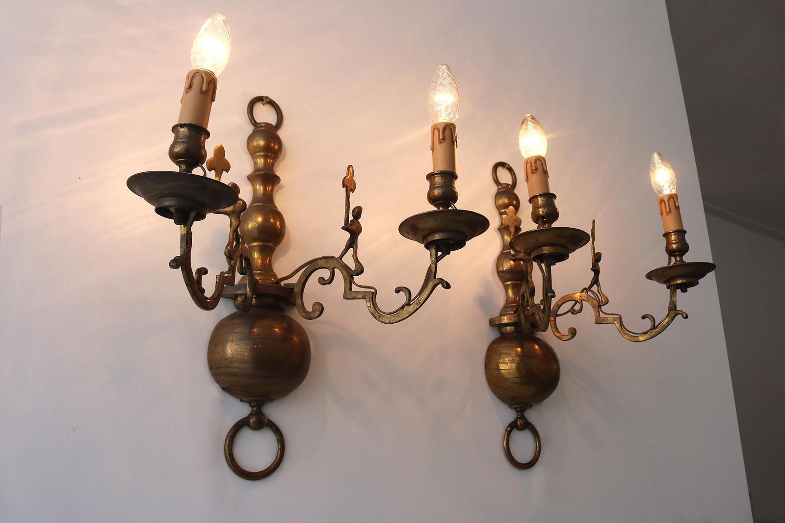 Rare Pair Of Antique Brass Wall Sconces With Playful Figural Details – Large French/Spanish Style Lights With Rich Patina 1900 photo 1290.0